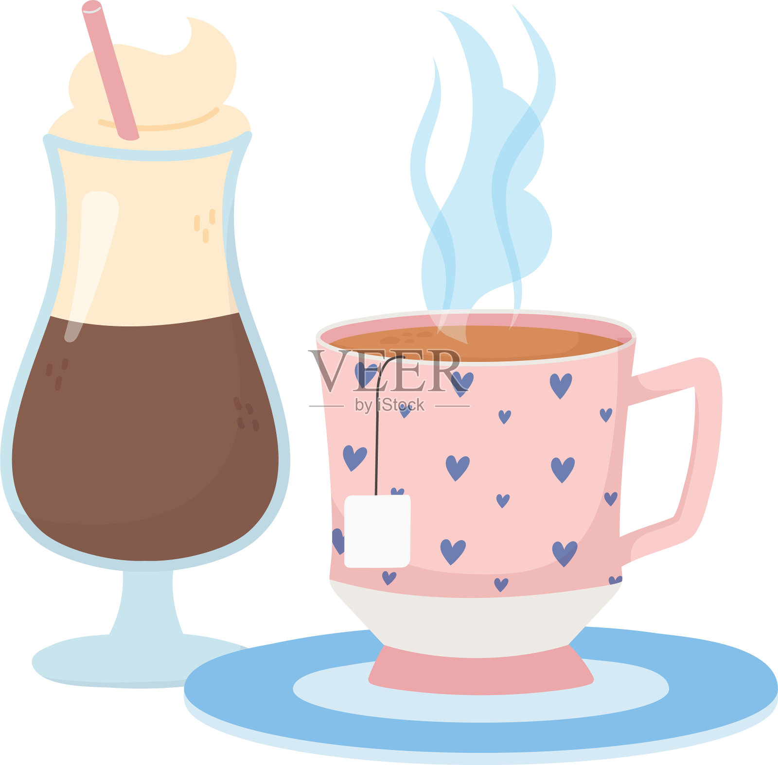 咖啡时间杯拿铁和茶包茶新鲜设计元素图片