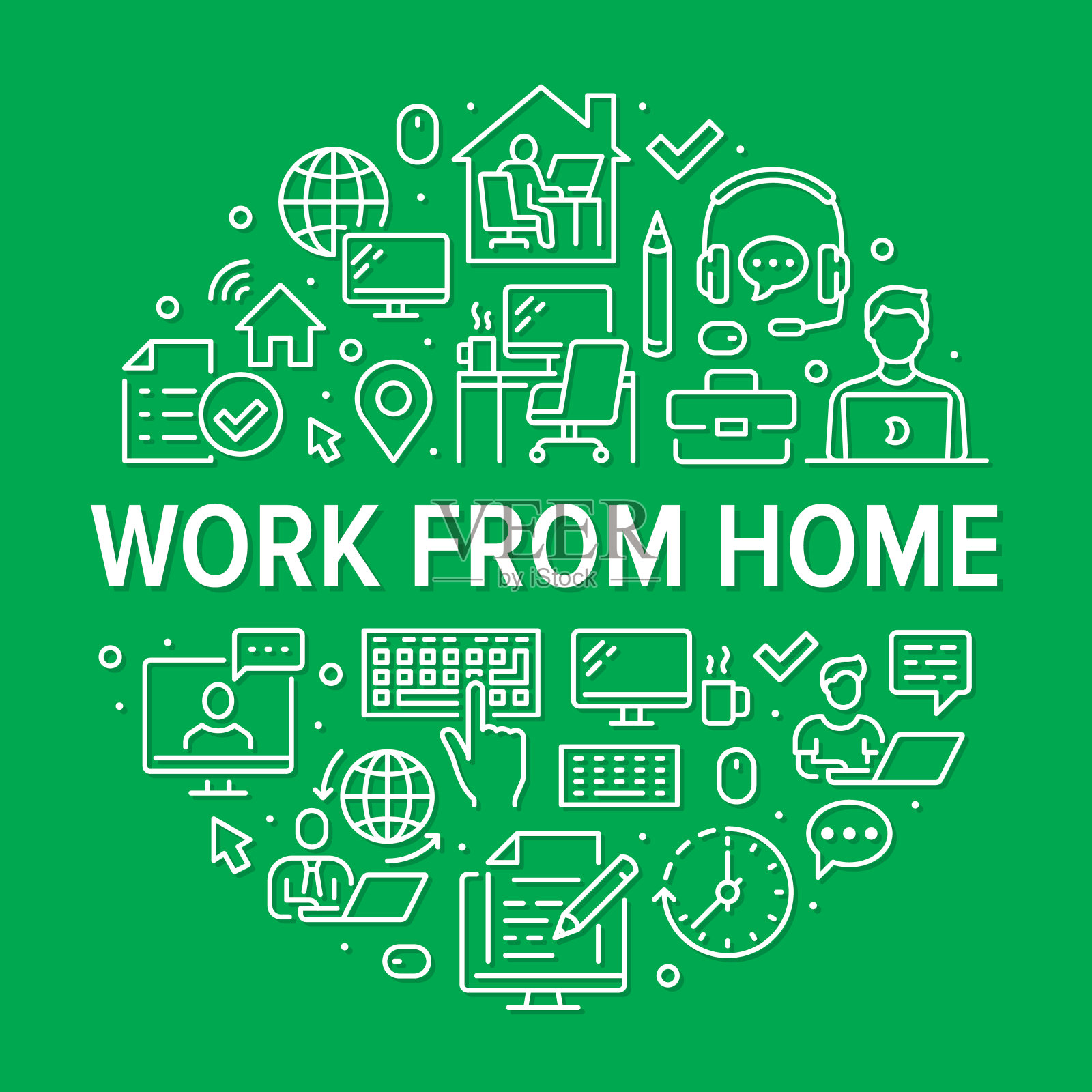 在家工作圈海报与线条图标。矢量插图包括图标作为自由职业者与笔记本电脑，工作场所，pc显示器，商业人员象形图远程工作传单或小册子，绿色插画图片素材