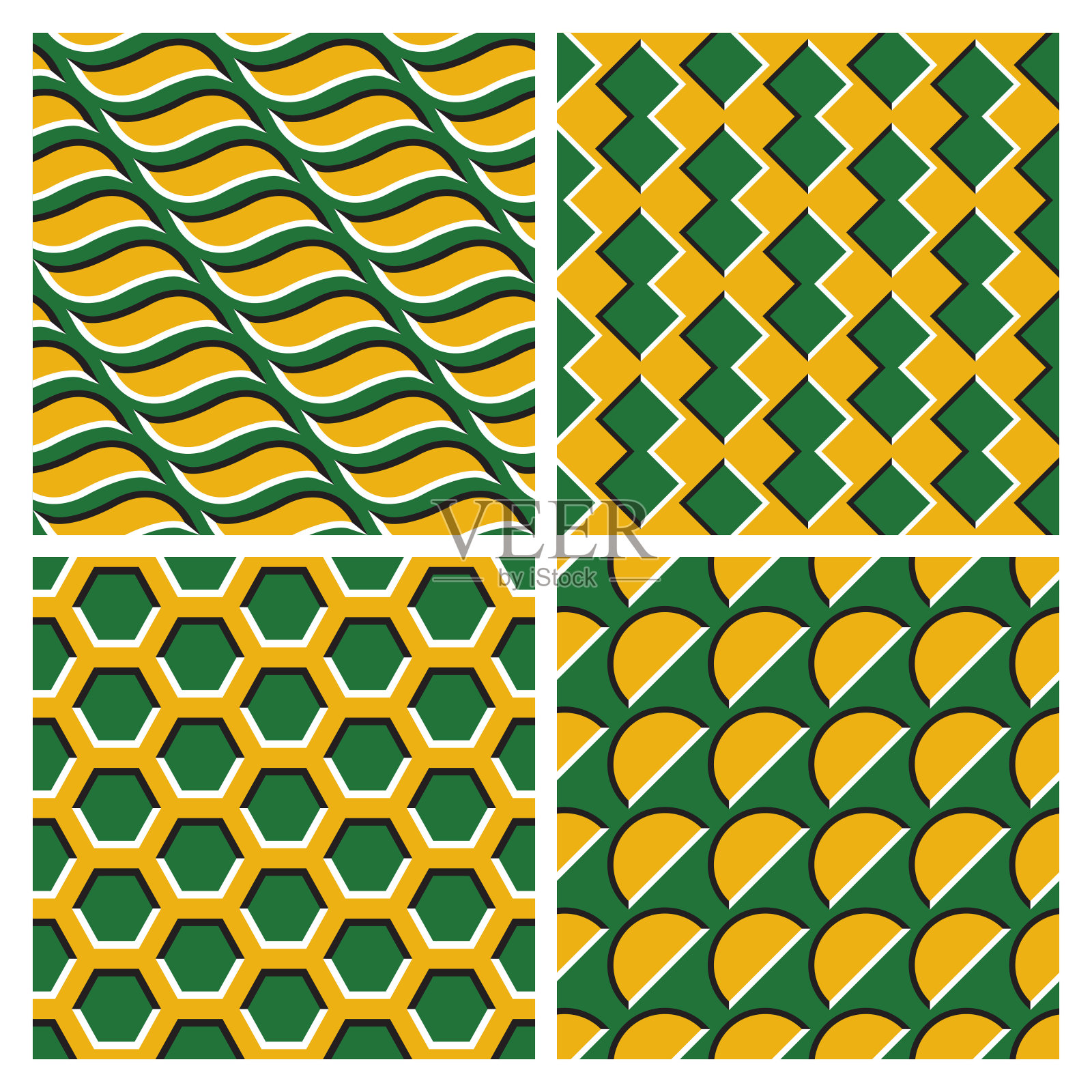 一套金绿色光学错觉无缝模式移动波浪形状，多边形，六边形和半圆形。插画图片素材