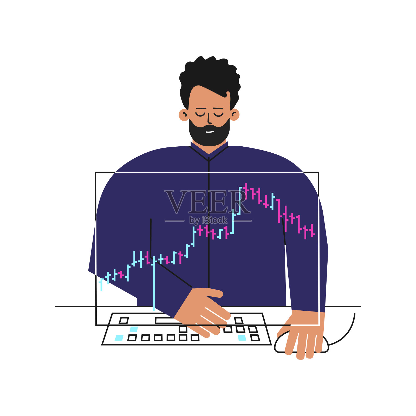 关于金融市场的向量概念。白人男子是交易员在网上股票交易。投资者的扁平性格是在分析条形图上的数据，决定用电脑购买股票插画图片素材