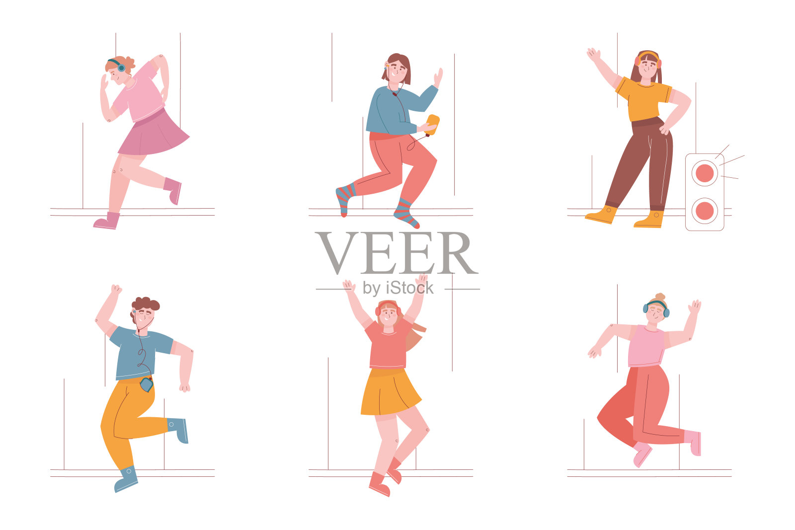 男主角和女主角都戴着耳机听音乐。矢量插图一套快乐的青少年跳舞和享受音乐。手机，音频播放器，耳机插画图片素材