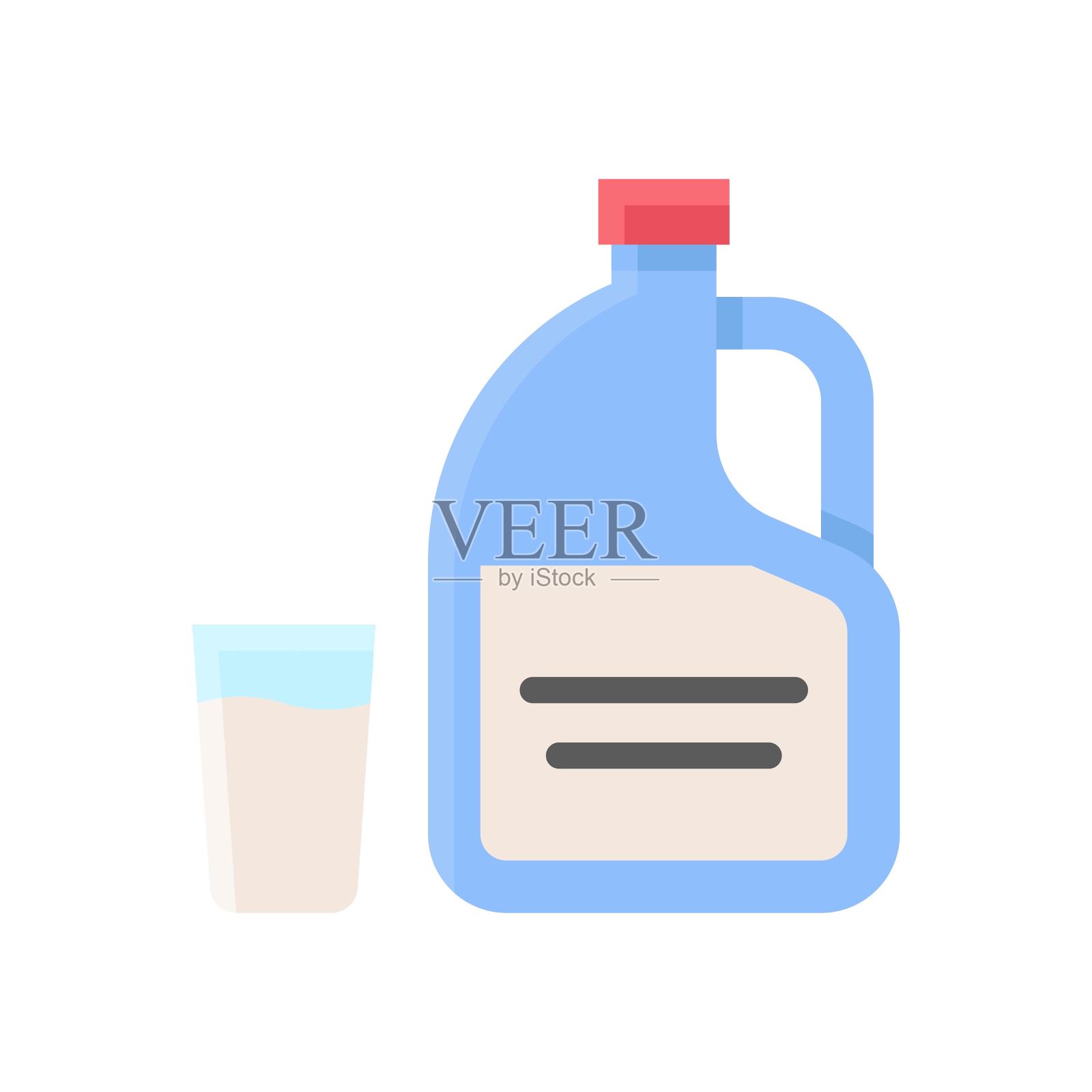 与牛奶瓶或容器相关的图标，用玻璃矢量的平面风格，插画图片素材