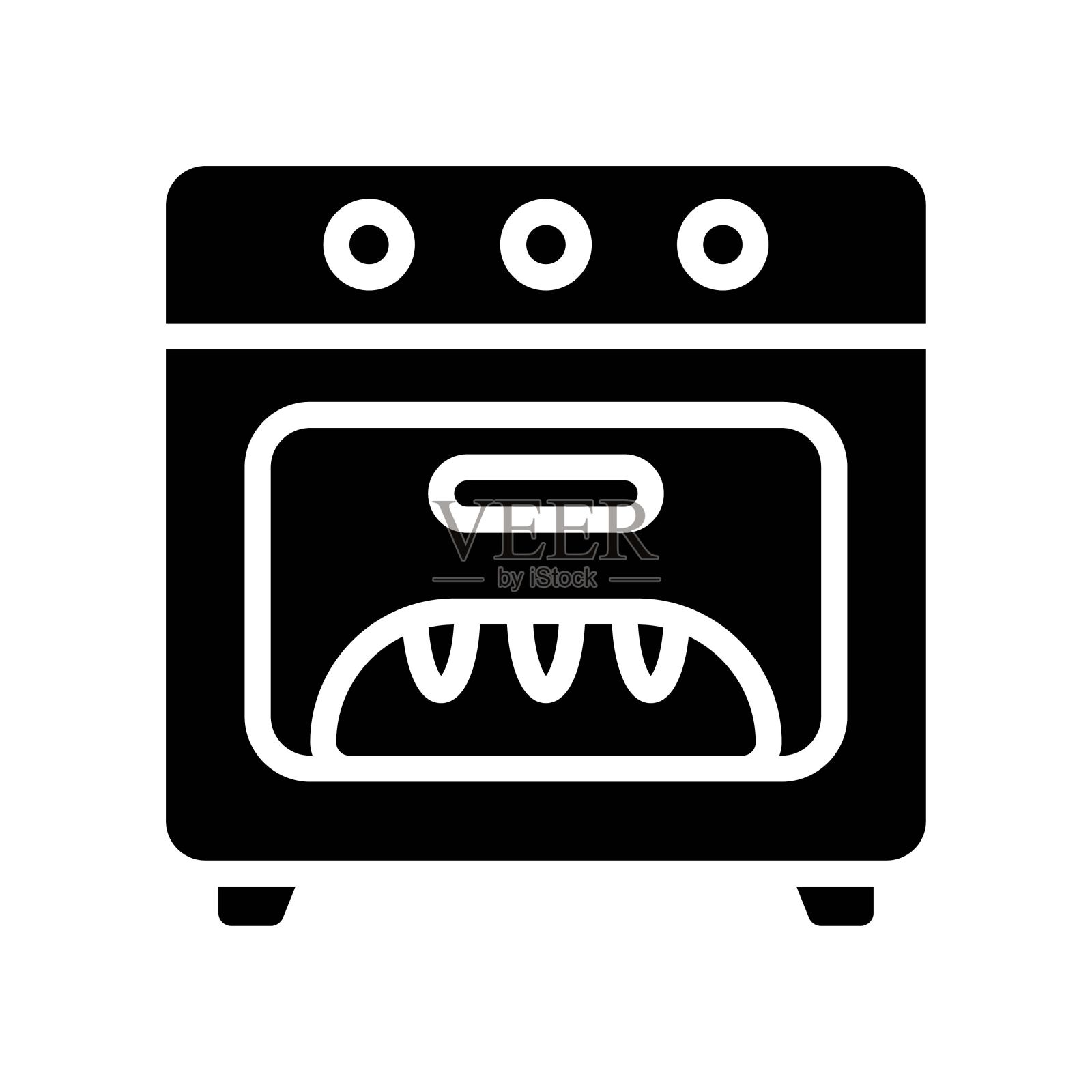 面包店图标与面包有关的烤箱和按钮向量在固体设计，插画图片素材