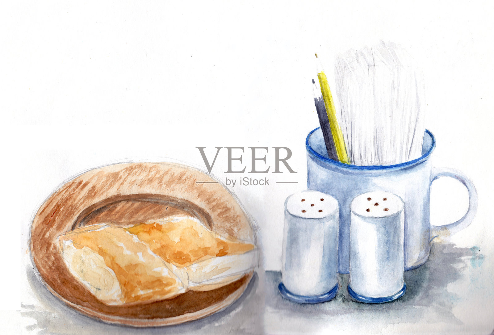 手绘草图从咖啡馆。桌上物品:杯子，盐和胡椒，面点包在盘子里。水彩插图。插画图片素材