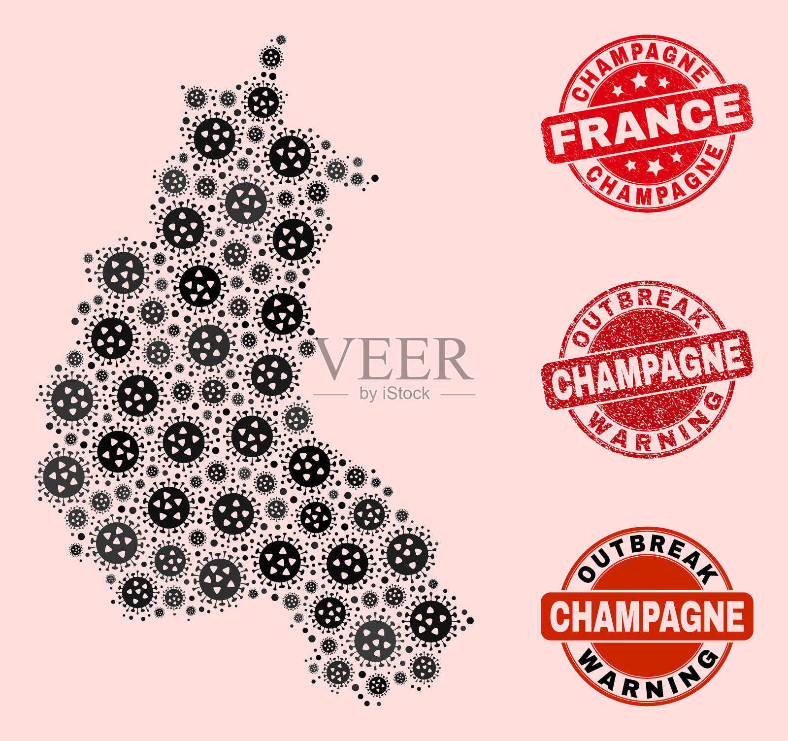 病毒拼贴马赛克香槟省地图和插画图片素材