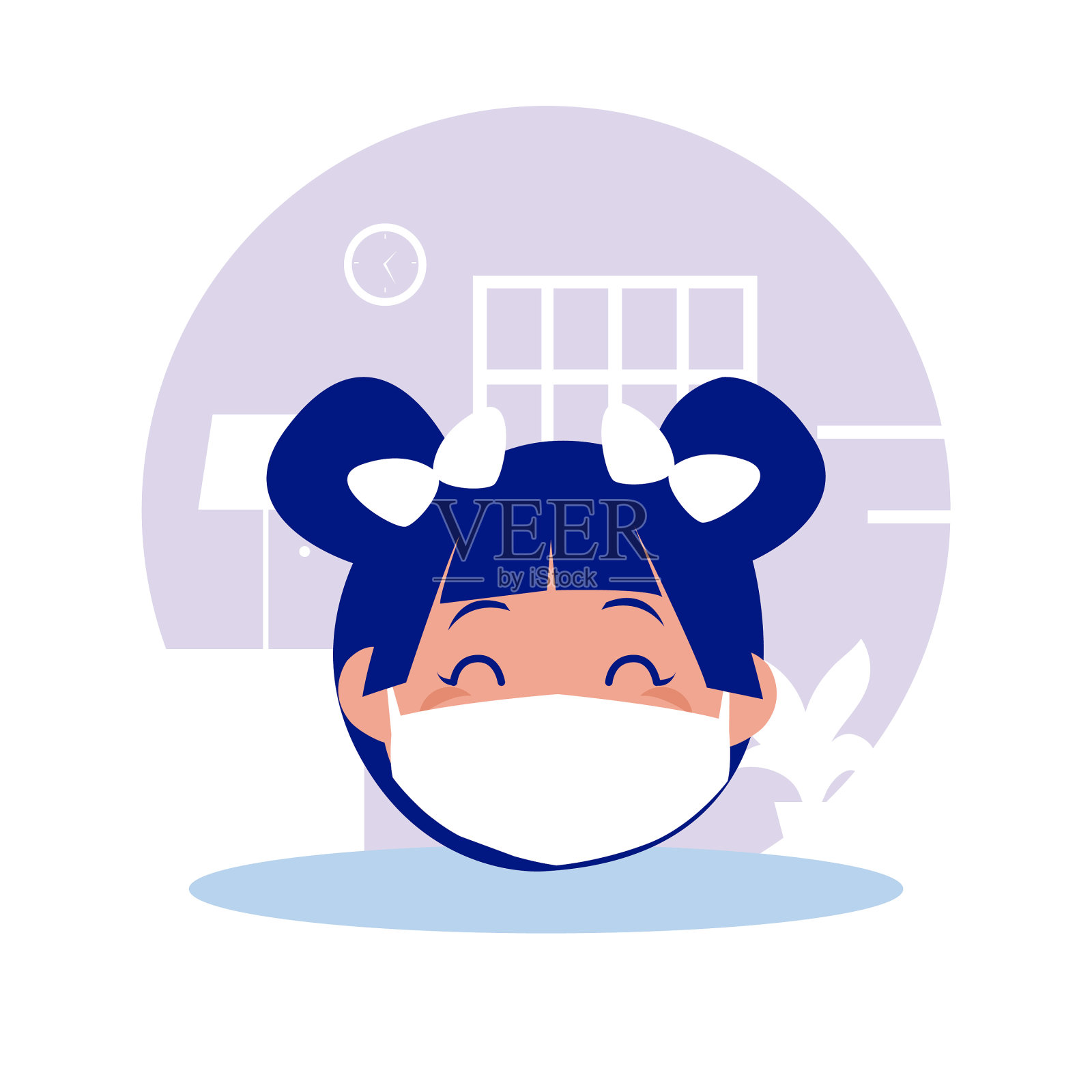 女孩带着面具的卡通头在家设计元素图片