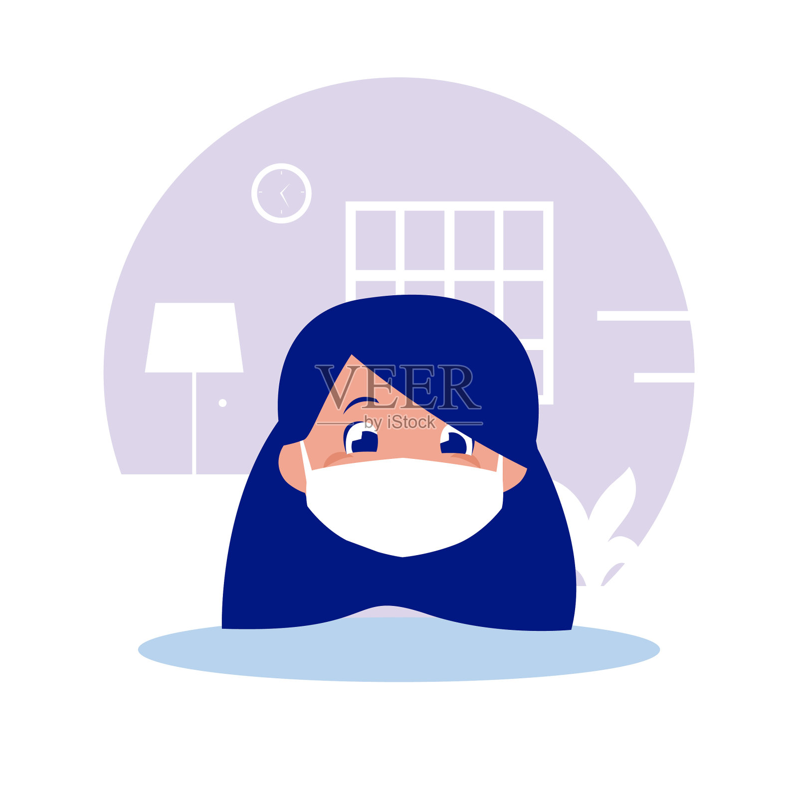 女孩带着面具的卡通头在家设计元素图片