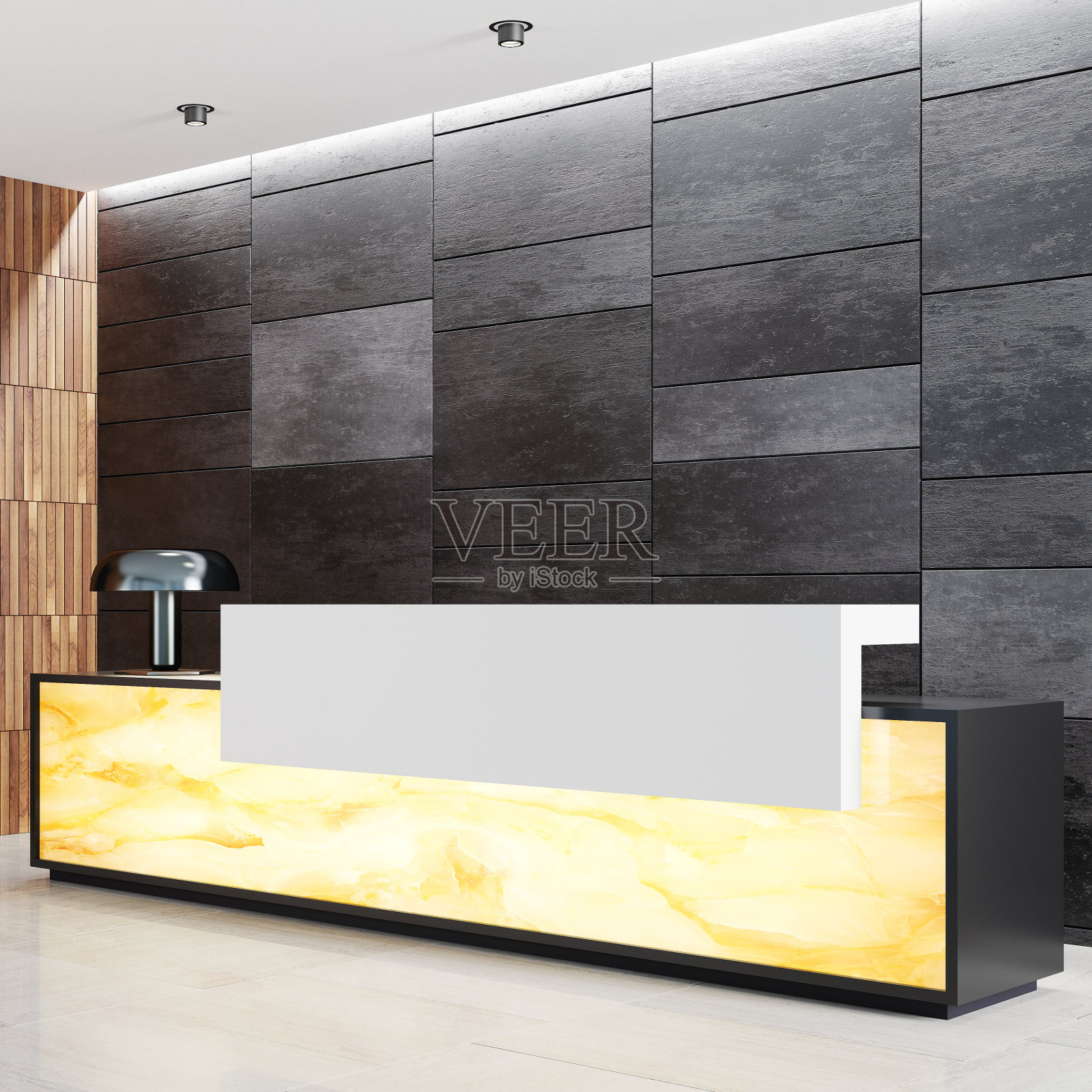 现代化办公楼大堂室内设计，配有大型接待台。接待台前板为发光缟玛瑙半透明石材。照片摄影图片