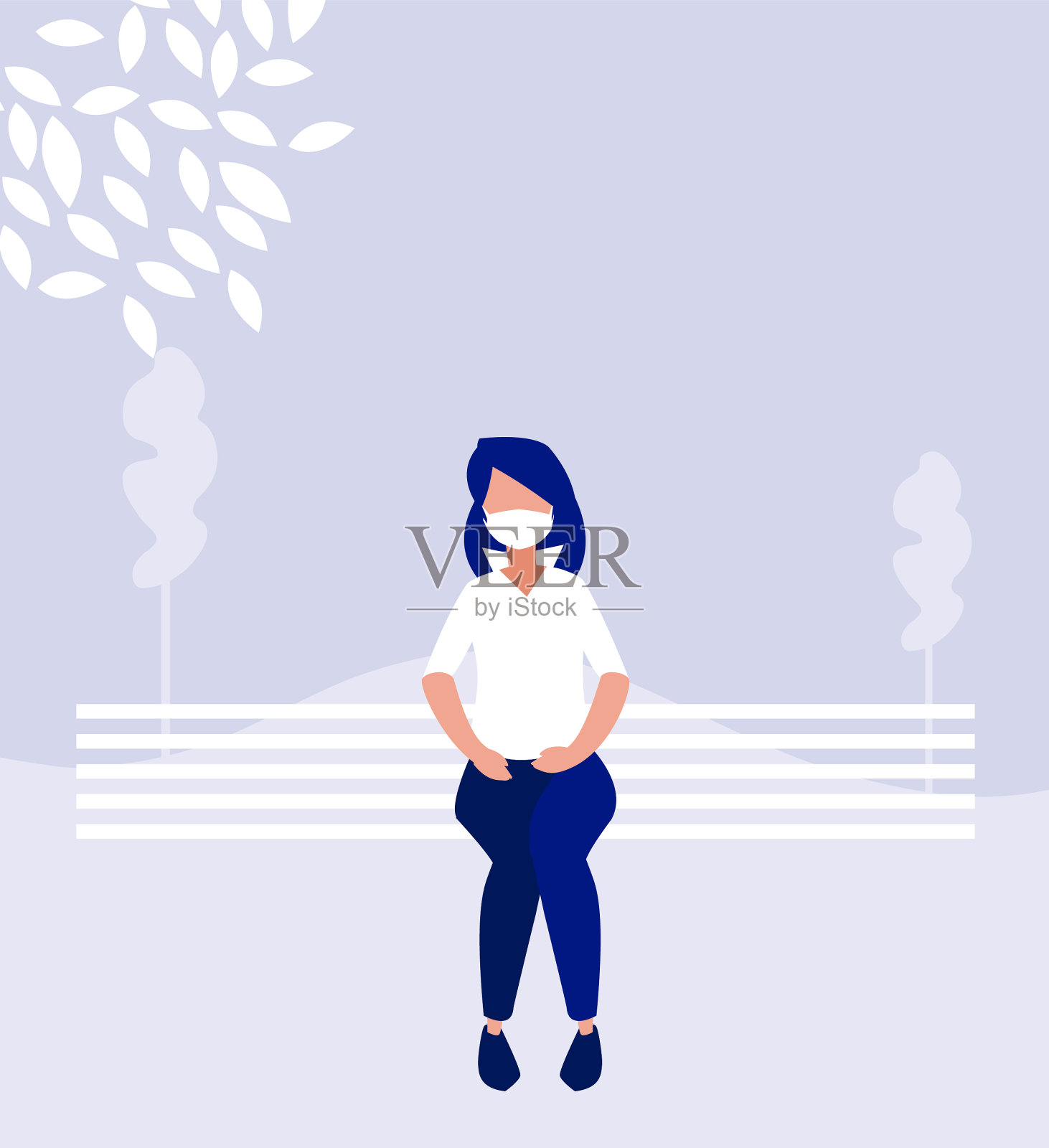 在公园设计的长椅上戴着面具的女人插画图片素材