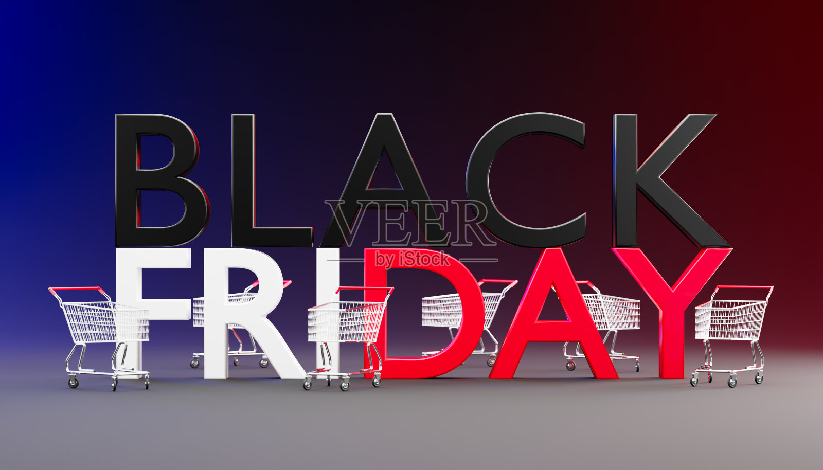 “黑色星期五”这个词在黑色背景上显得很大，周围还停着一辆购物车。照片摄影图片