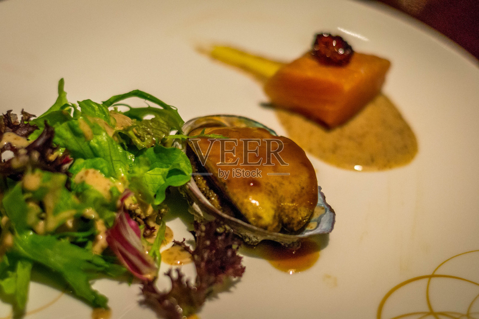 开胃菜是炖鲍鱼和鲑鱼方块，配上沙拉照片摄影图片