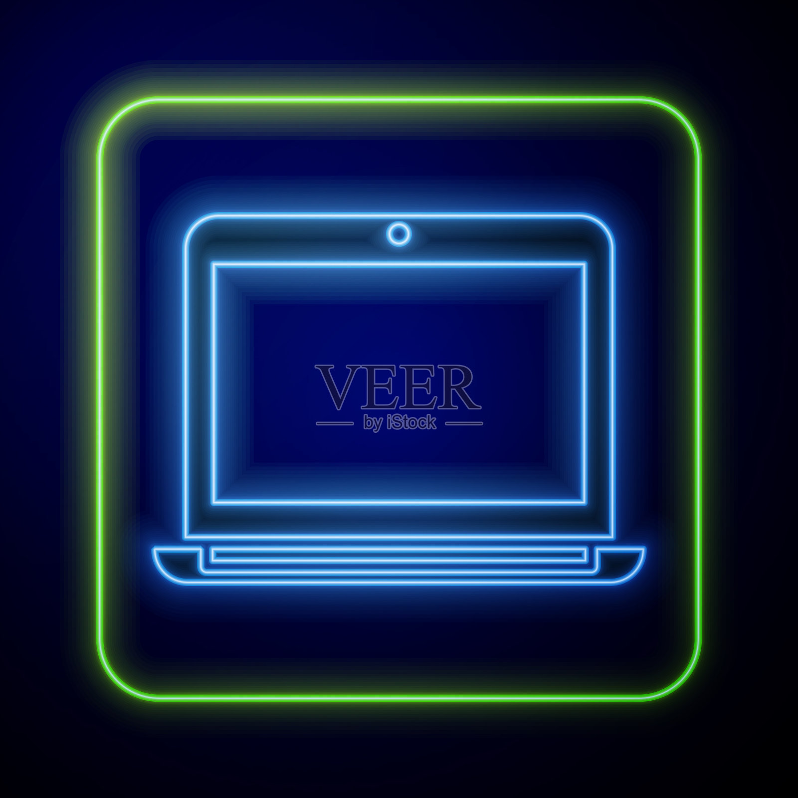 发光的霓虹灯笔记本电脑图标孤立在蓝色插画图片素材