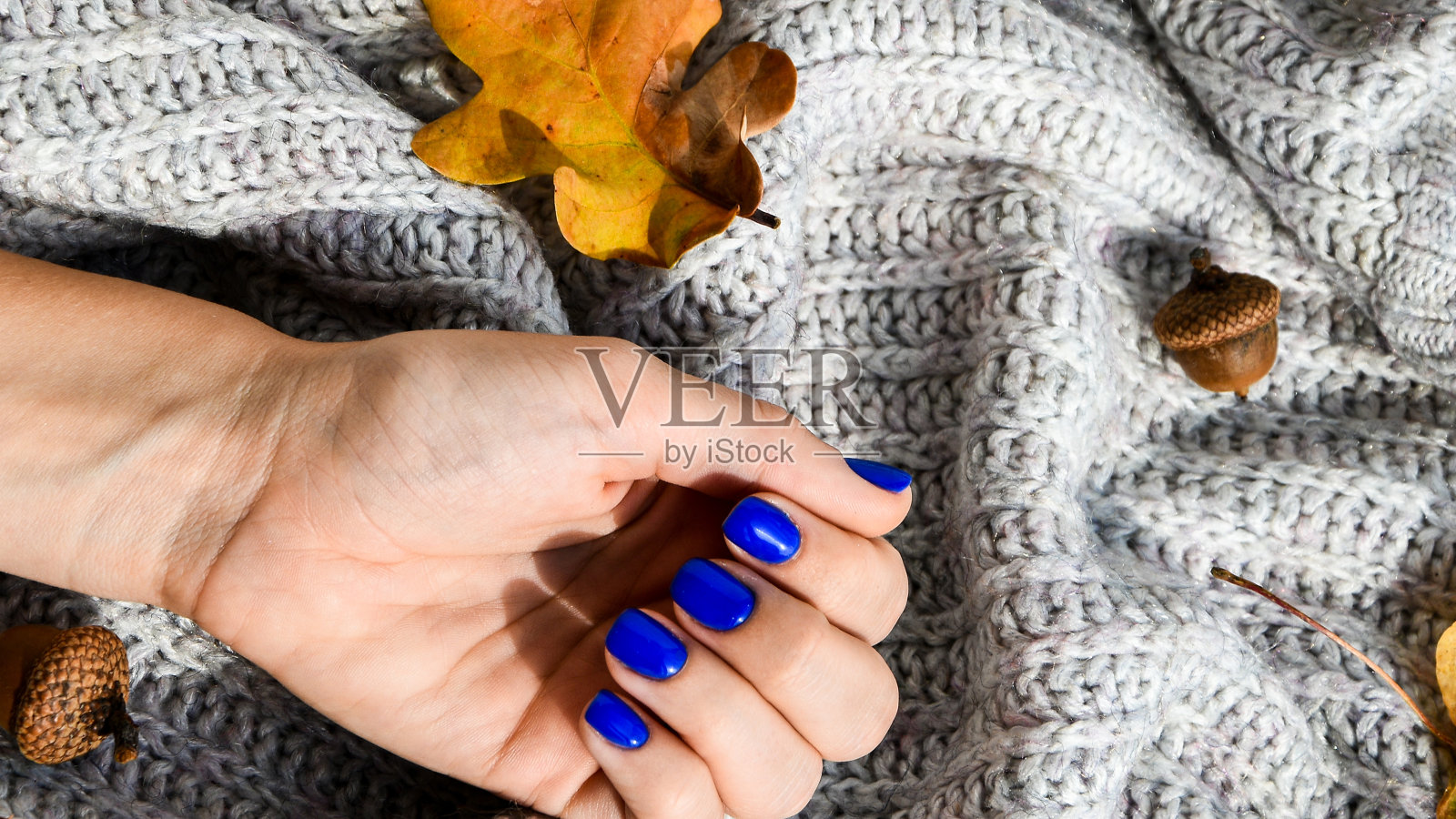 手用蓝色指甲在毛衣秋天舒适的背景。女修指甲。迷人的美丽的指甲。冬季或秋季修指甲用蓝色照片摄影图片