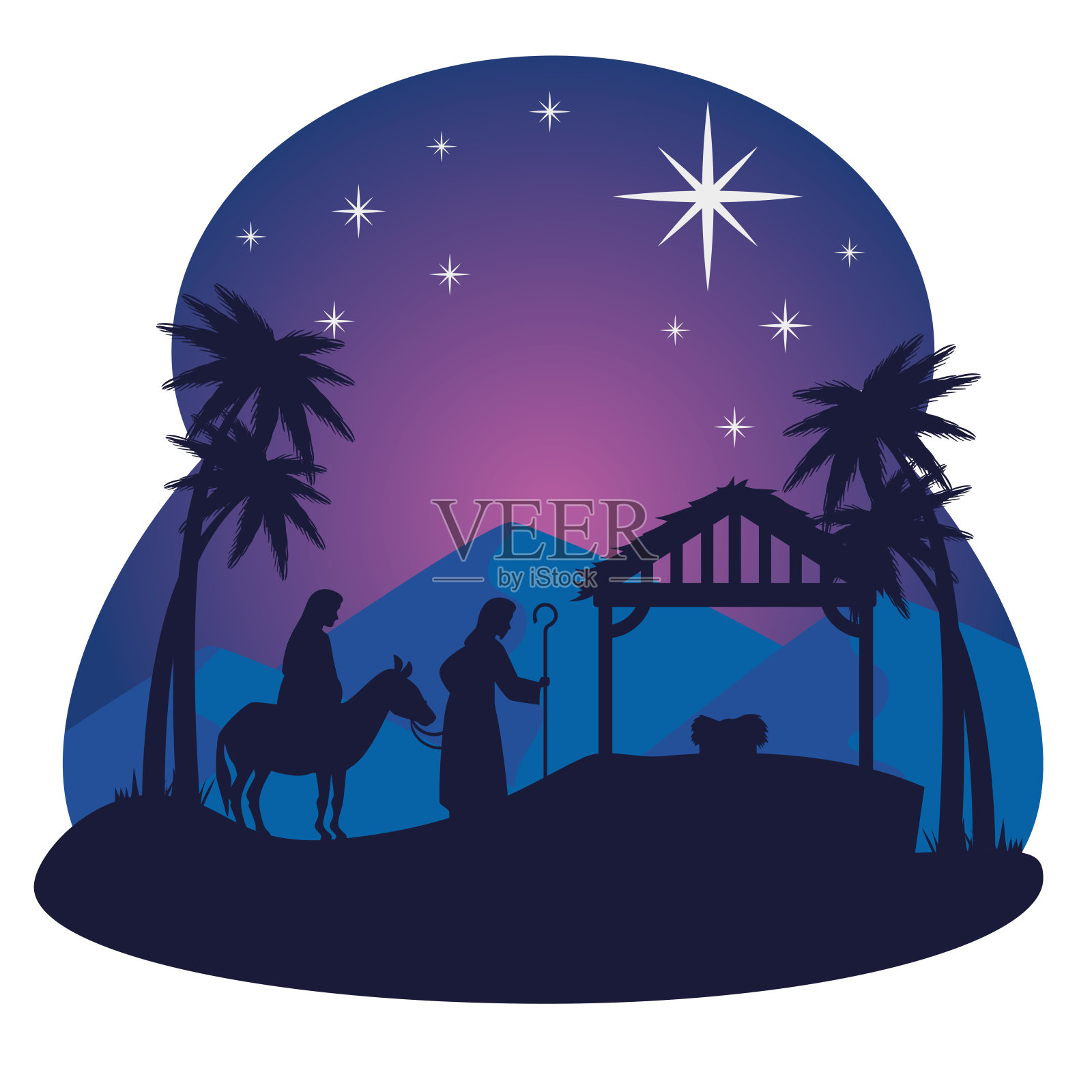 圣诞快乐，耶稣诞生玛丽约瑟夫婴儿和小屋矢量设计插画图片素材