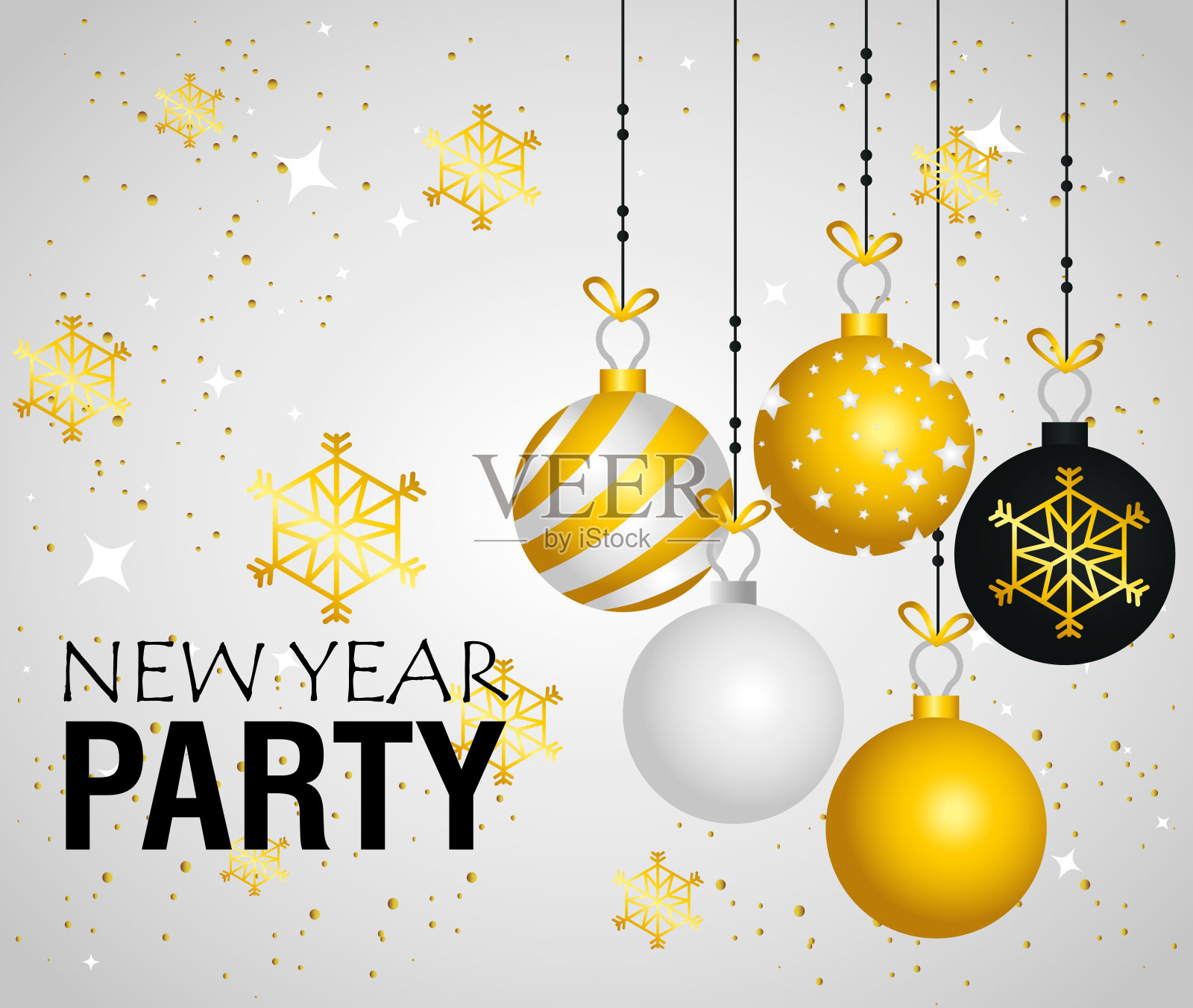 新年派对上悬挂的圆球和雪花矢量设计设计模板素材