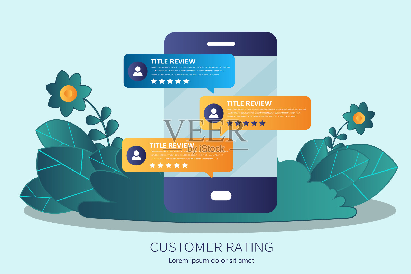 反馈、奖状信息和通知的概念。手机语音气泡带有评论评分，平面化智能手机评价星星带有好评和差评以及文本。平面向量。插画图片素材