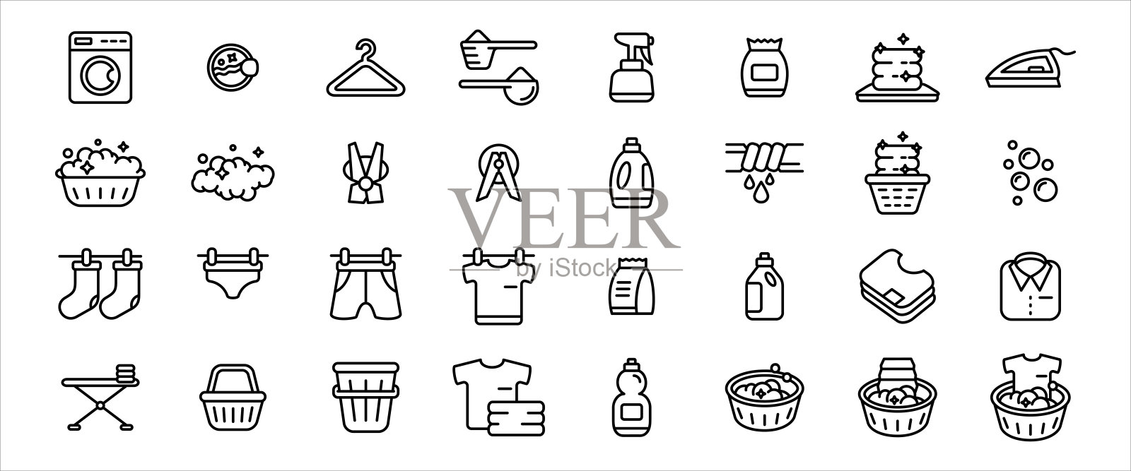 简单的一套洗衣衣服洗涤干净和干洗服务相关矢量图标图形设计模板。包含诸如挂衣服，洗衣机，熨烫等图标图标素材