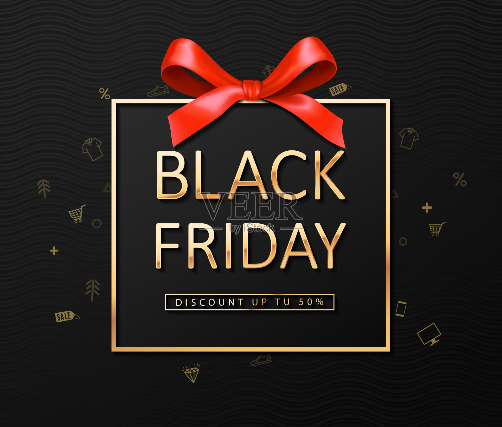 黑色星期五大减价，横幅，海报，标志。金色题字暗色背景与购物图标。插画图片素材