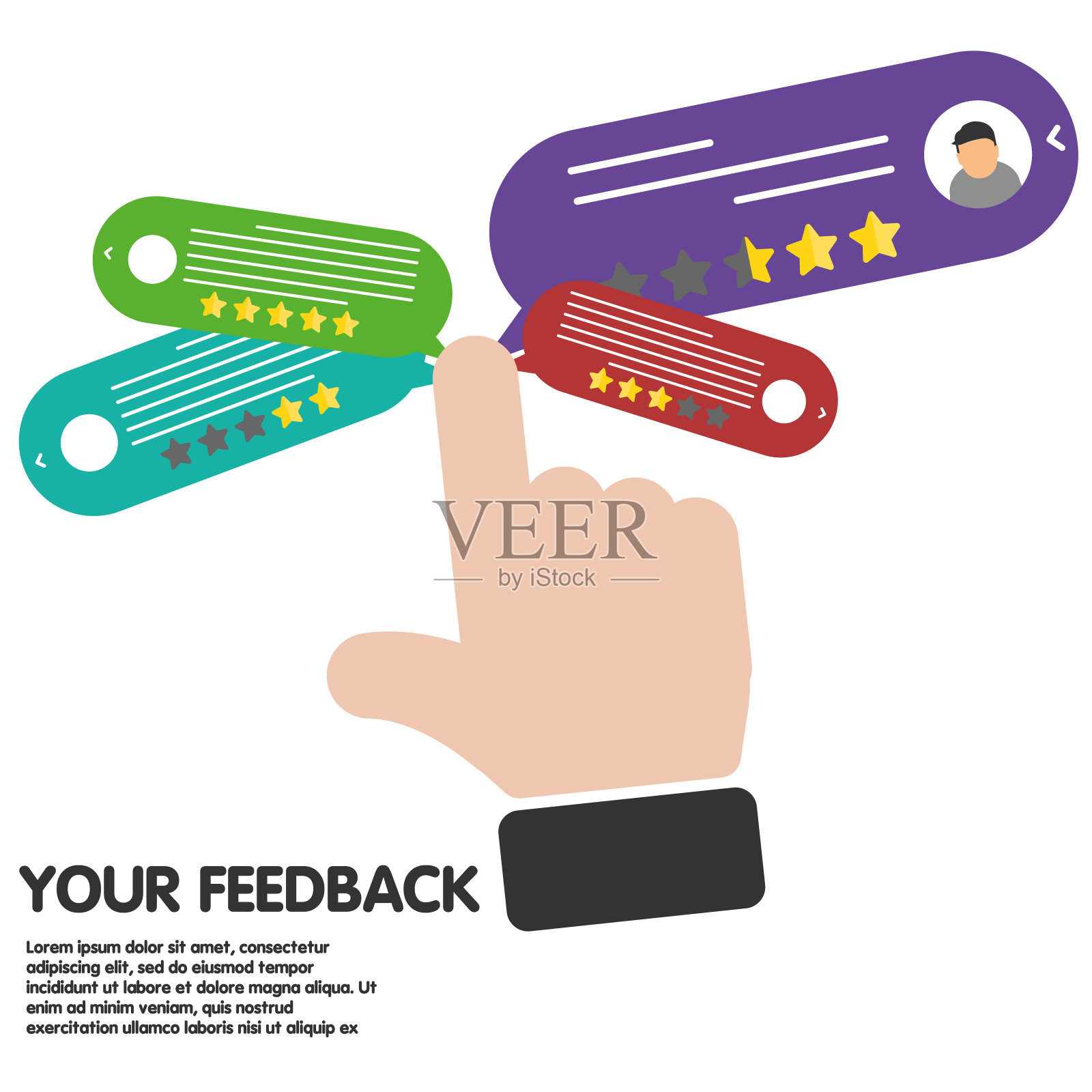 用手回顾评级泡沫演讲。评论、评分、文字、反馈评价、信息。网上反馈信誉质量客户插画图片素材