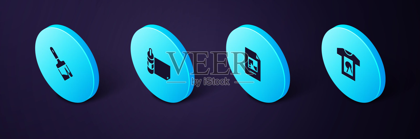 设置等距t恤，文件文件，纸卷和画笔图标。向量图标素材