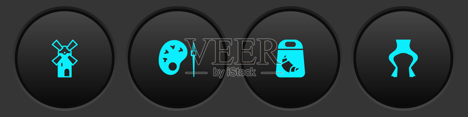 设置风车，油漆刷与调色板，羊角包和青蛙腿图标。向量图标素材