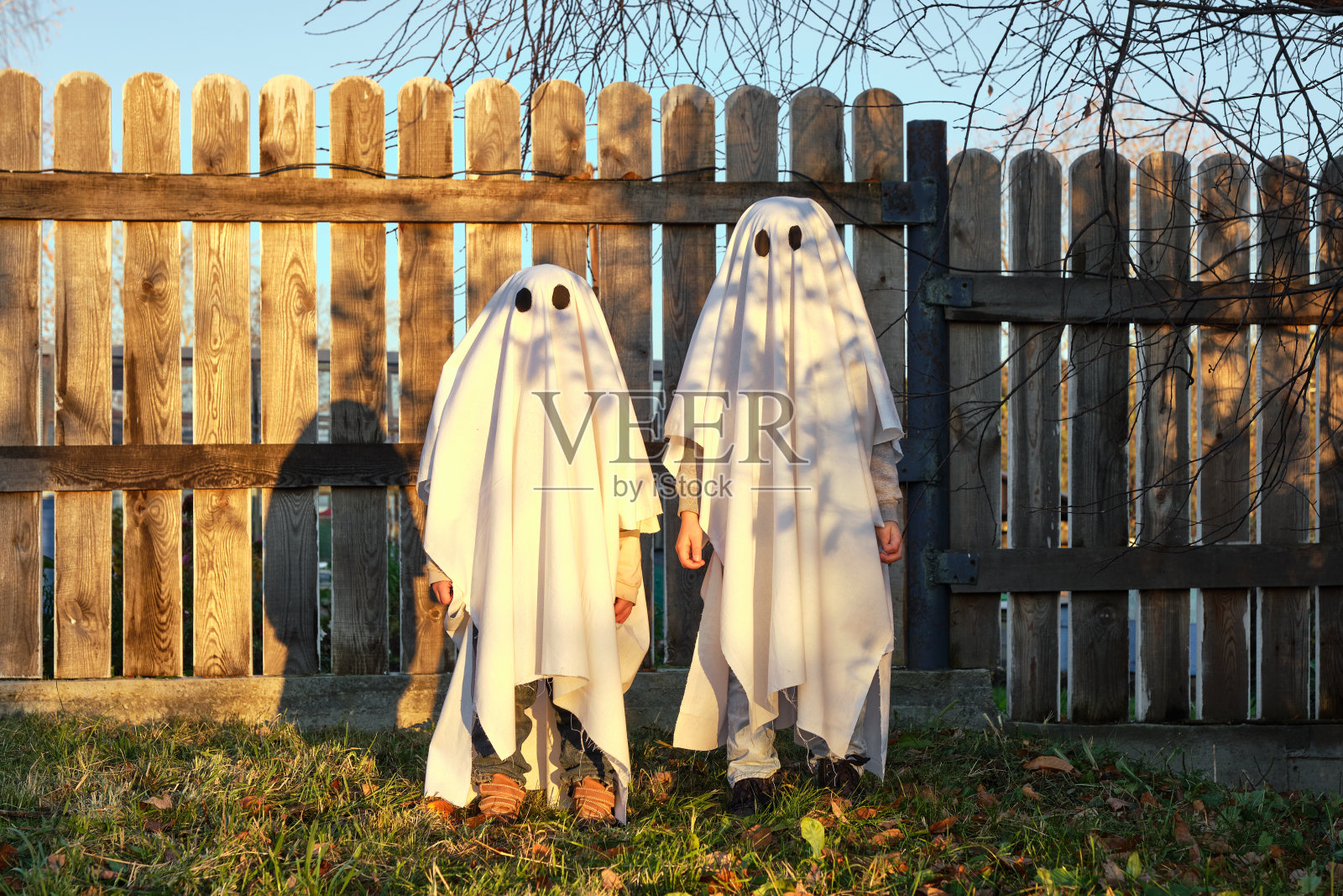 孩子们在花园里的阳光下穿着鬼服照片摄影图片