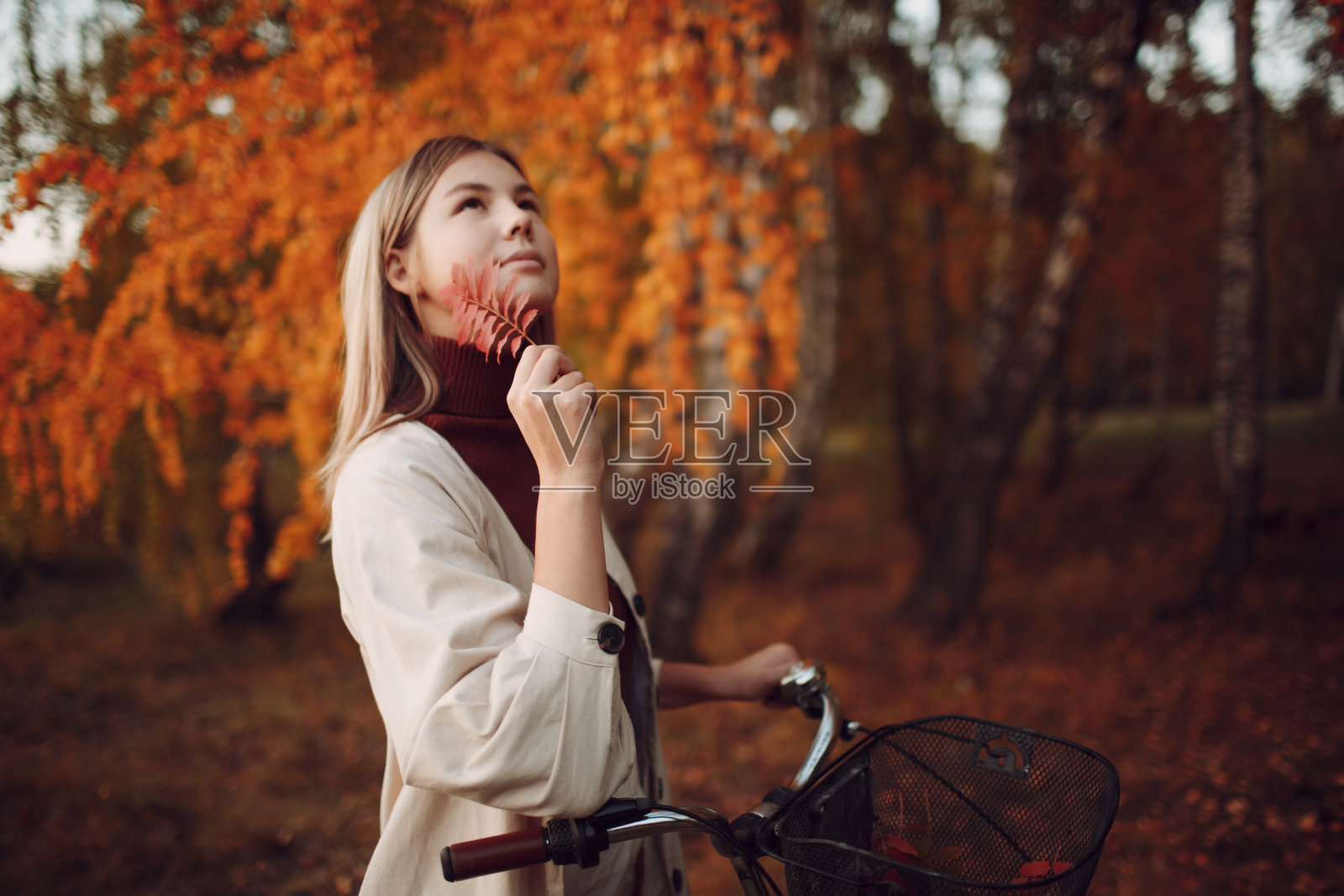 快乐活跃的年轻女子在秋天的公园骑自行车照片摄影图片