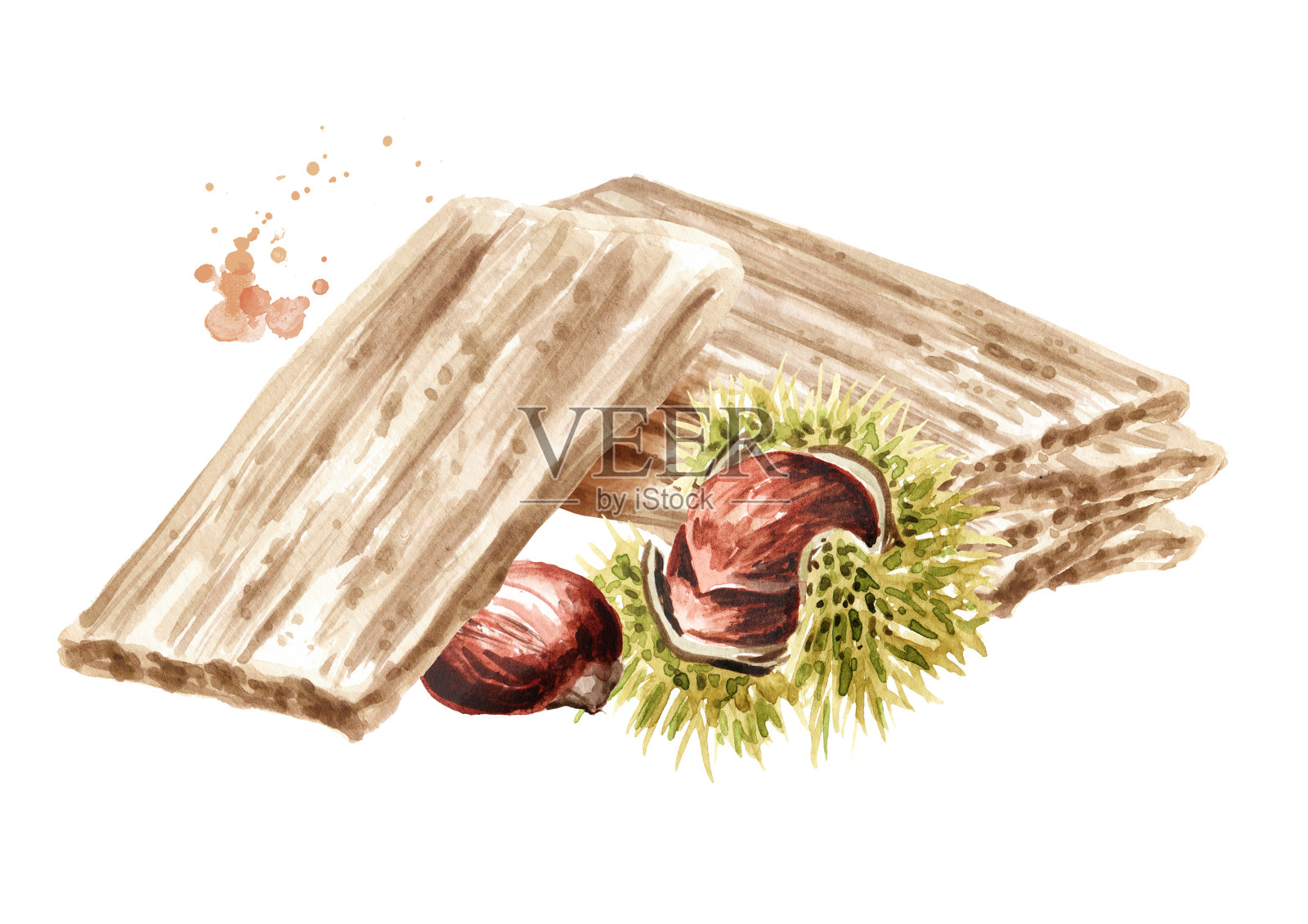 栗薄饼这样的零食。水彩手绘插图，孤立的白色背景插画图片素材