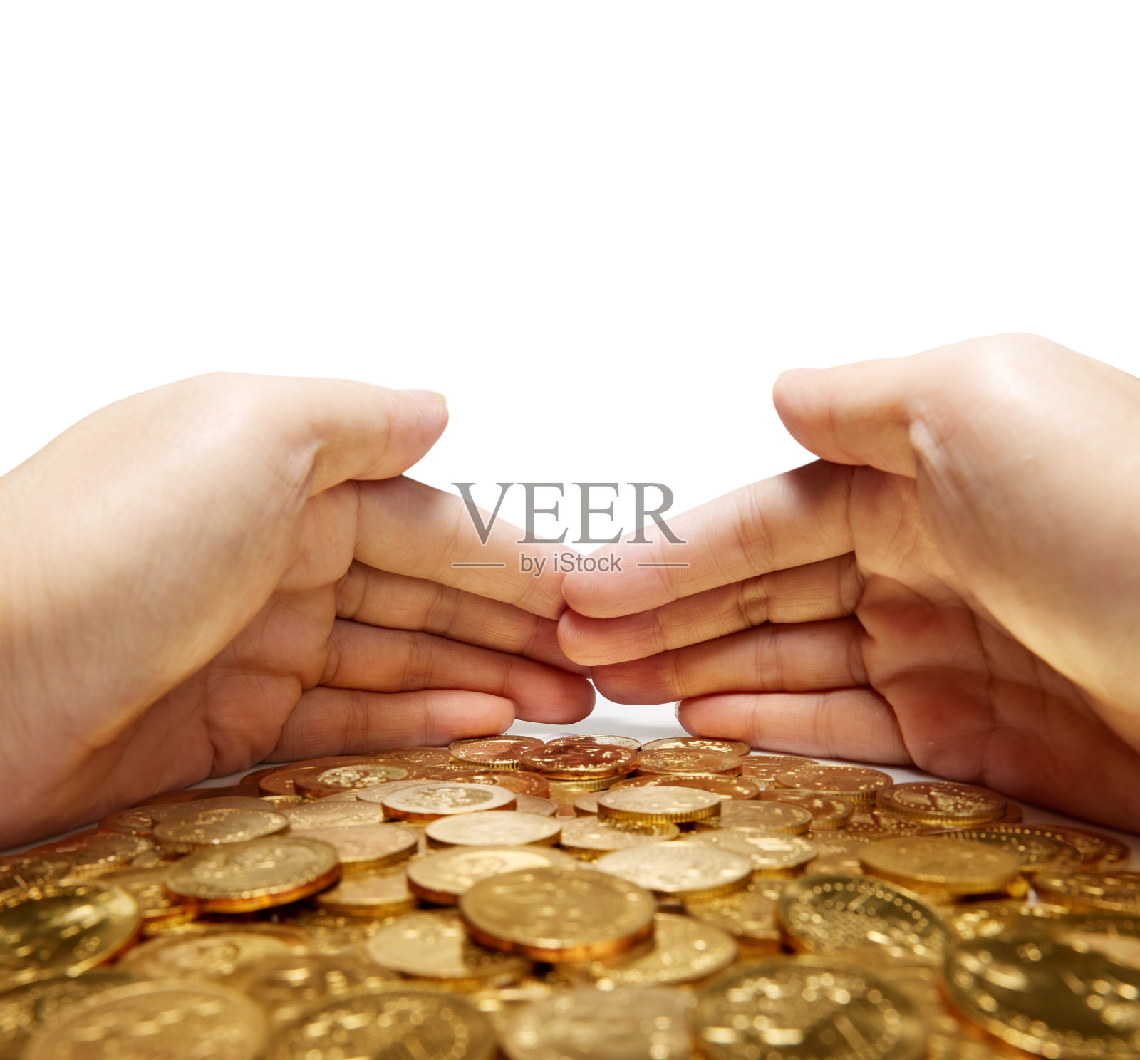 双手抓取硬币孤立的白色背景照片摄影图片
