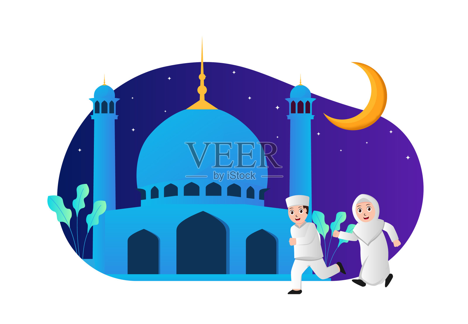 一对穆斯林夫妇正奔向插画图片素材