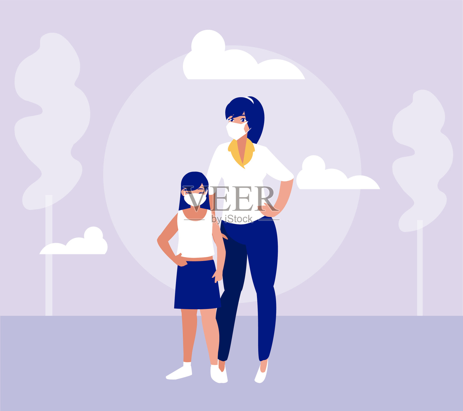 妈妈和女儿戴着面具在公园里插画图片素材