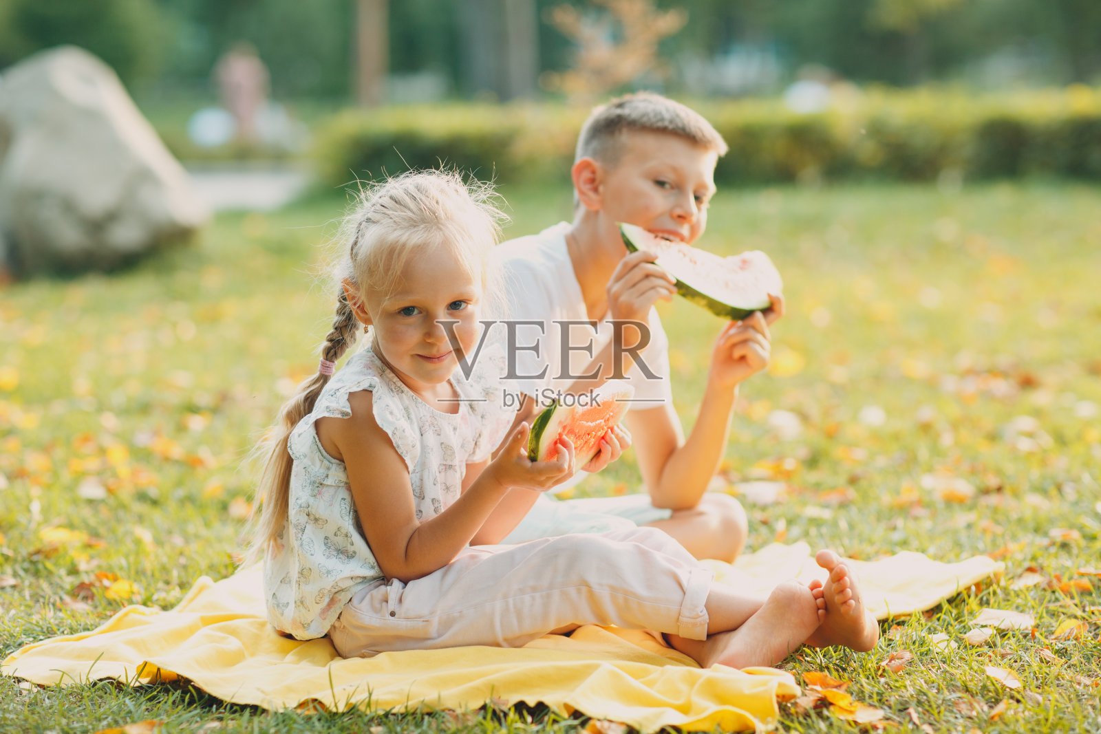 有趣的蹒跚学步的孩子们的弟弟和妹妹在公园吃西瓜。男孩和女孩在一起快乐。童年、家庭、健康饮食理念。照片摄影图片