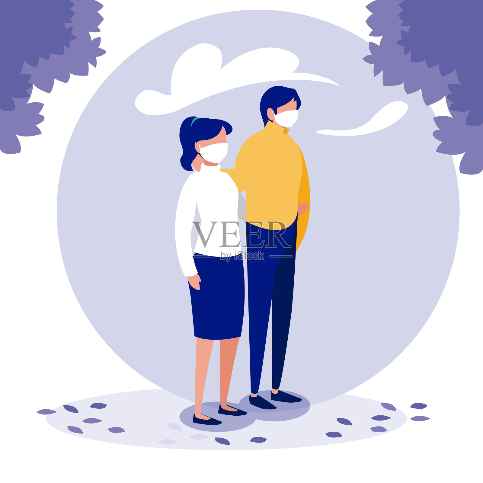 戴着面具的男女情侣在外面插画图片素材