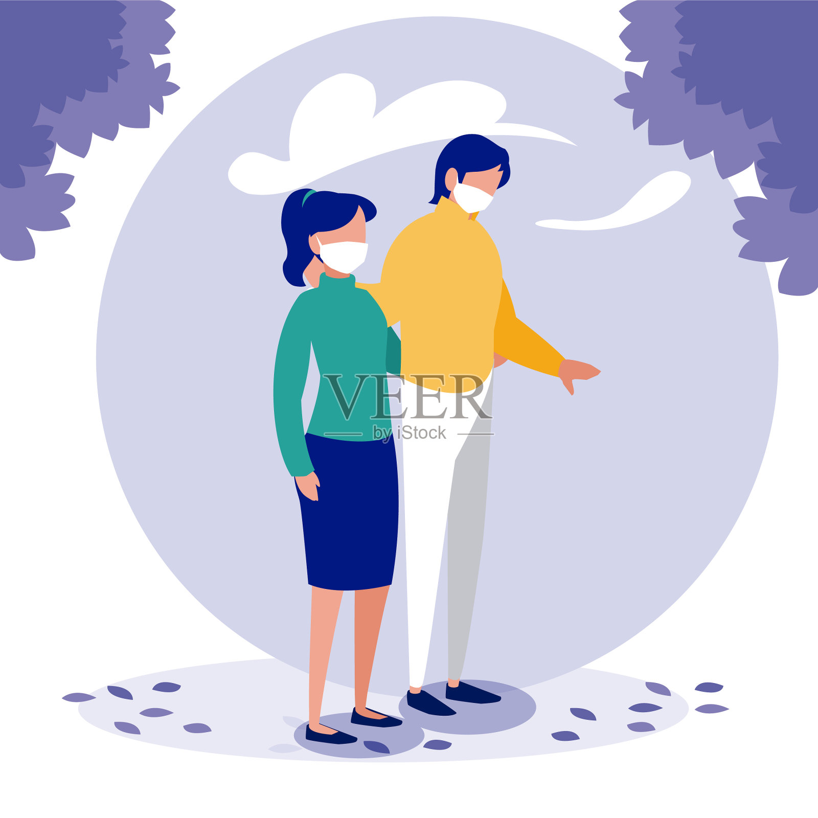 戴着面具的男女情侣在外面插画图片素材