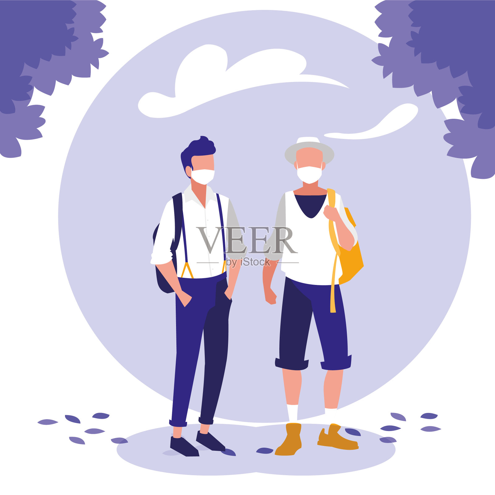 戴着面具的男人和外面的树插画图片素材