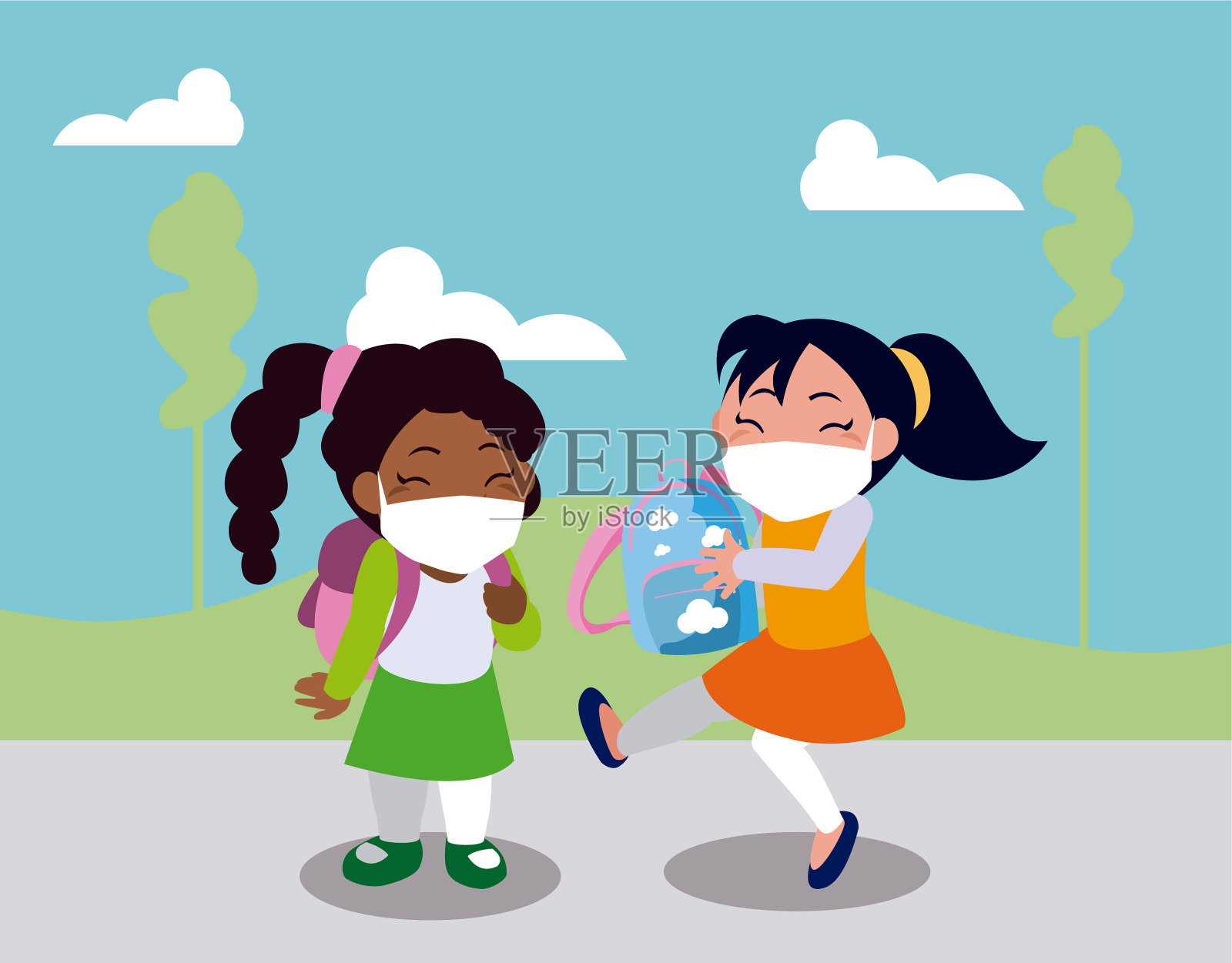 女孩们，孩子们，带着面具和书包的卡通插画图片素材