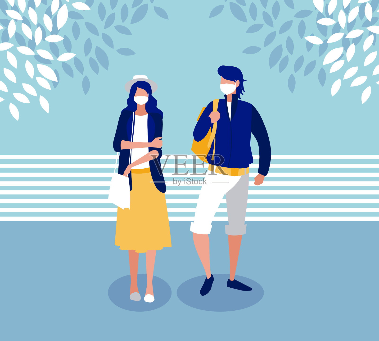 女人和男人戴着面具在外面设计插画图片素材