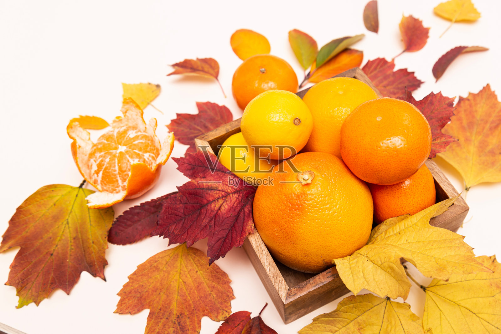 组成秋天彩色的叶子和柑橘类水果。柠檬，橘子，葡萄柚放在木盘子里，背景很淡。有文字空间的静物照片摄影图片