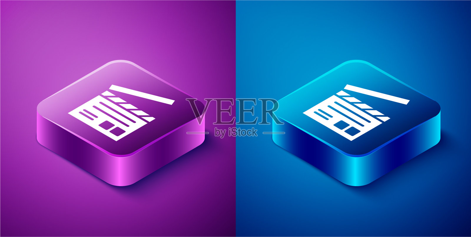 等距电影拍手图标隔离在蓝色和图标素材