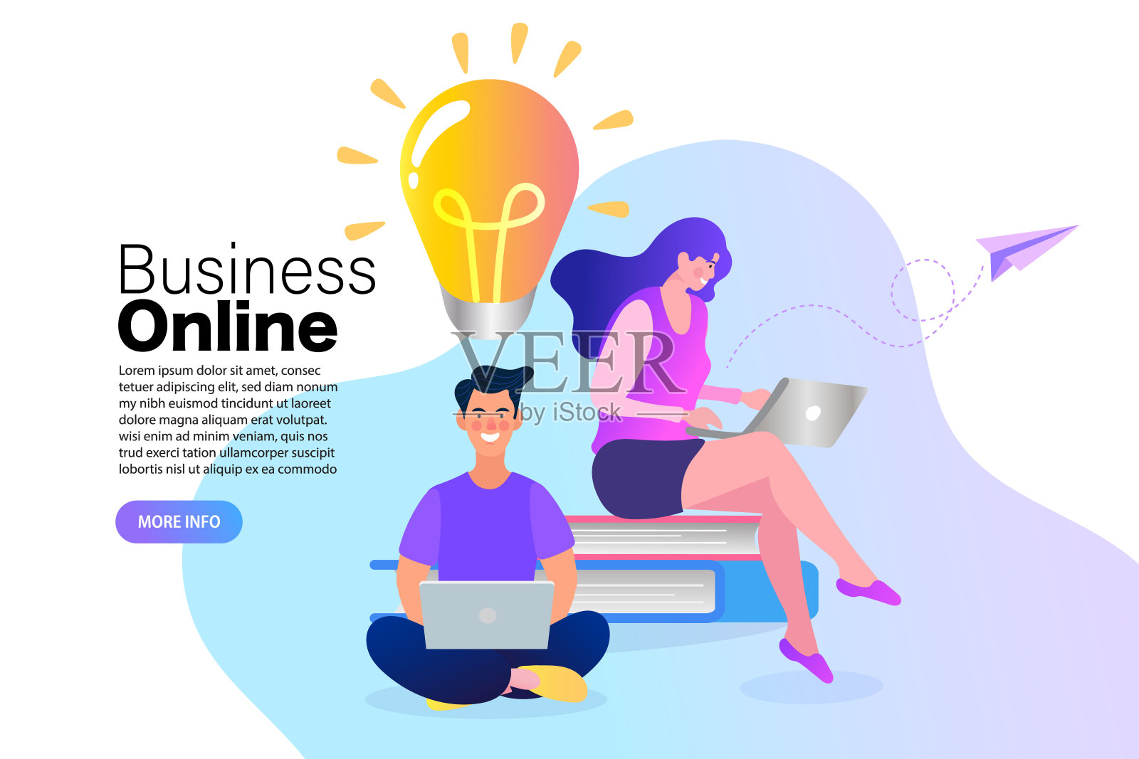 一位商务女性在沙漏上用笔记本电脑。在线营销会议。信息图形元素图标平面卡通概念。插画图片素材