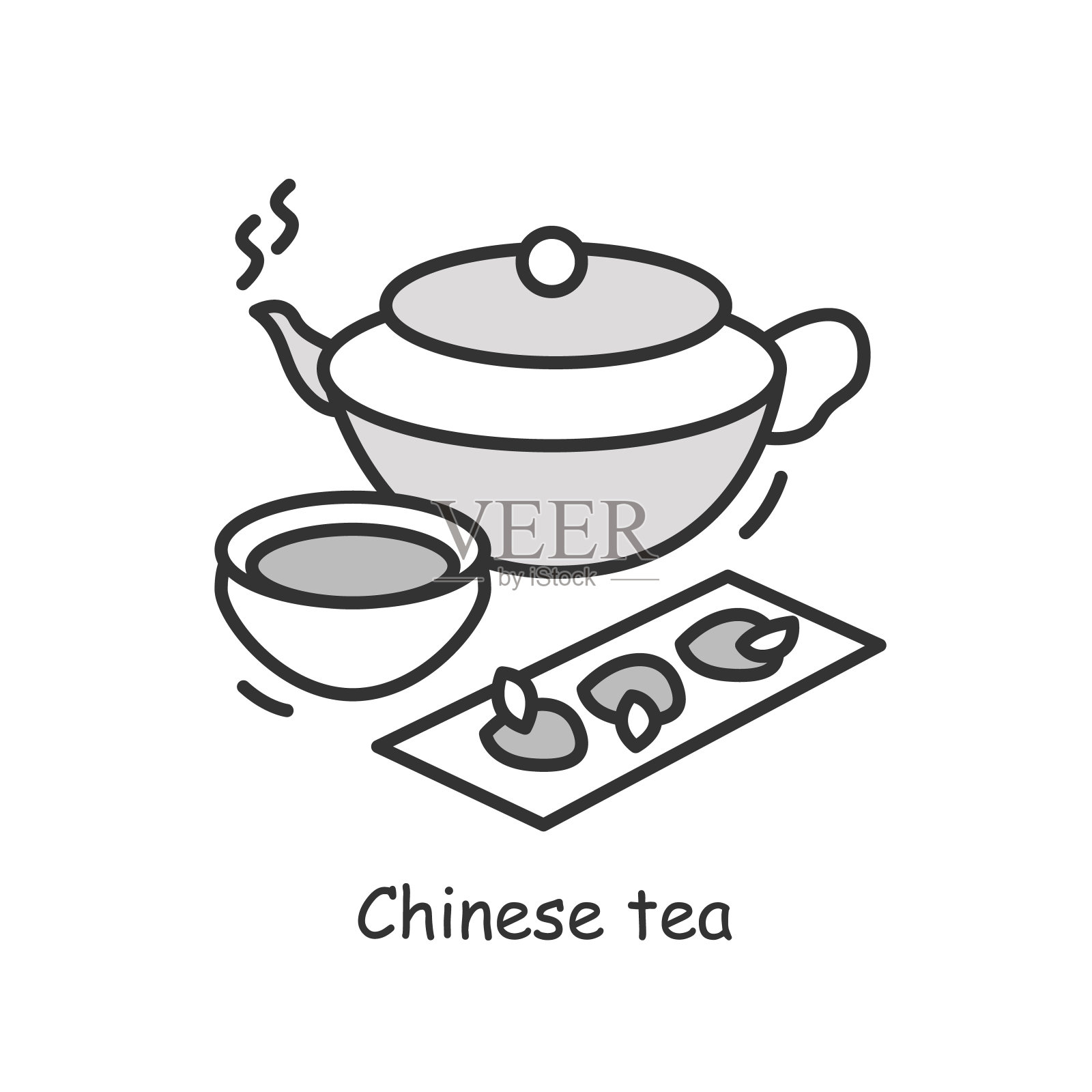 中国茶图标。绿茶茶壶与杯子和甜点简单的矢量插图插画图片素材