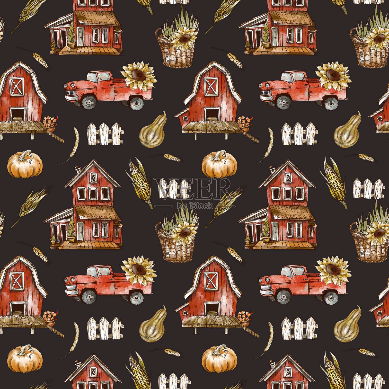 农家无缝图案，质朴复古质感插画图片素材