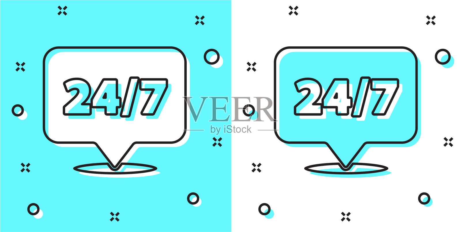 黑线时钟24小时图标隔离在绿色插画图片素材