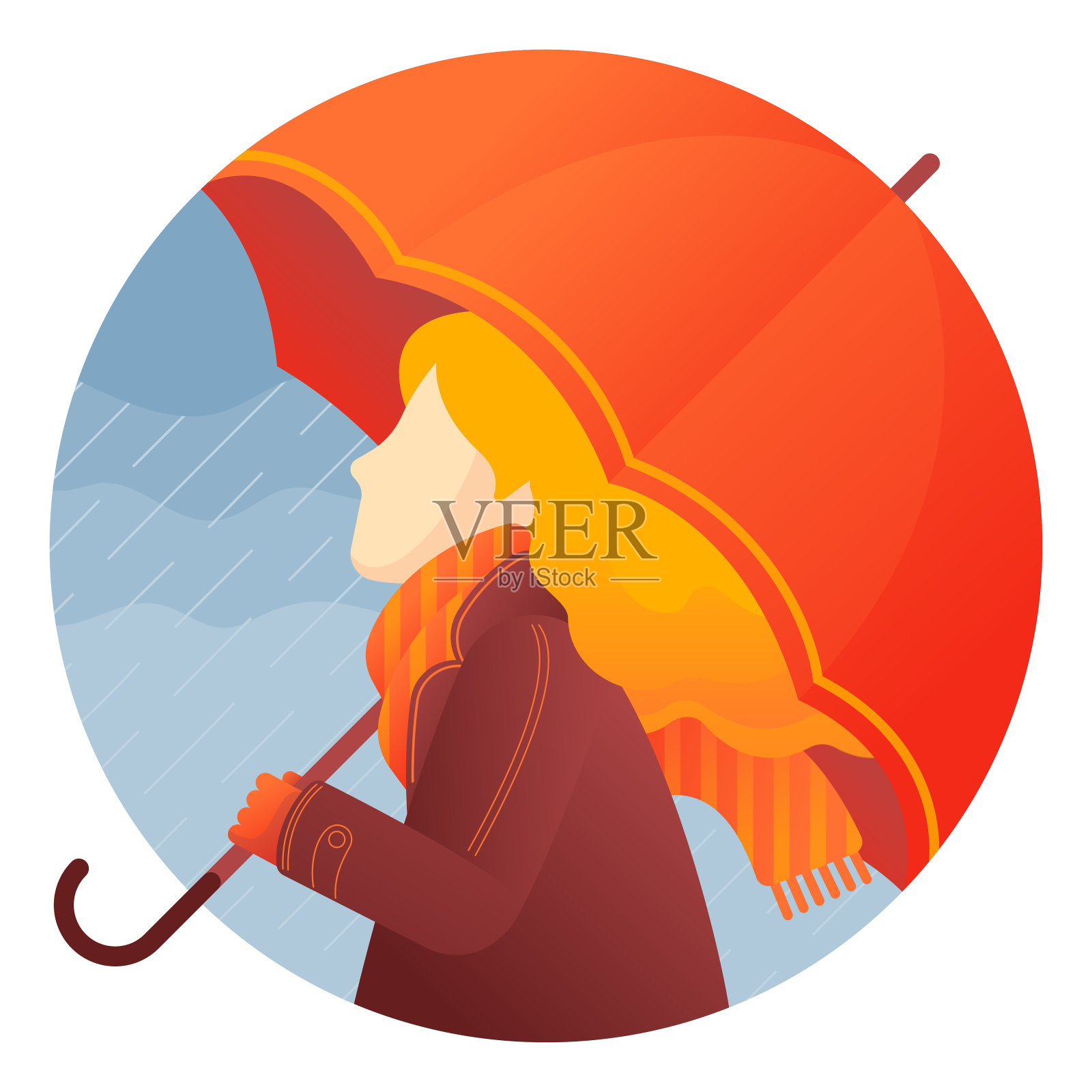 一个金色的女人走在一个雨天，她打着红色的雨伞，穿着棕色的外套，戴着橙色的条纹围巾。插画图片素材