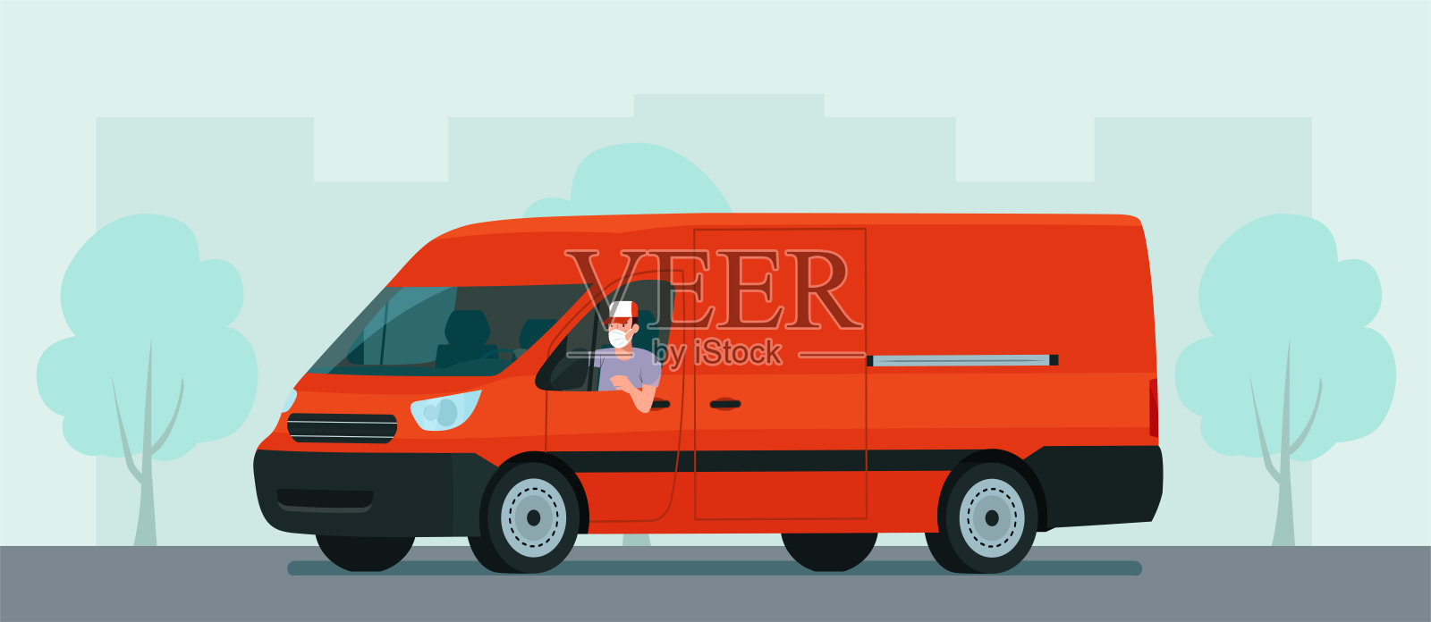 一辆带有蒙面司机的货车，背景是一个抽象的城市景观。矢量平面风格的插图。插画图片素材