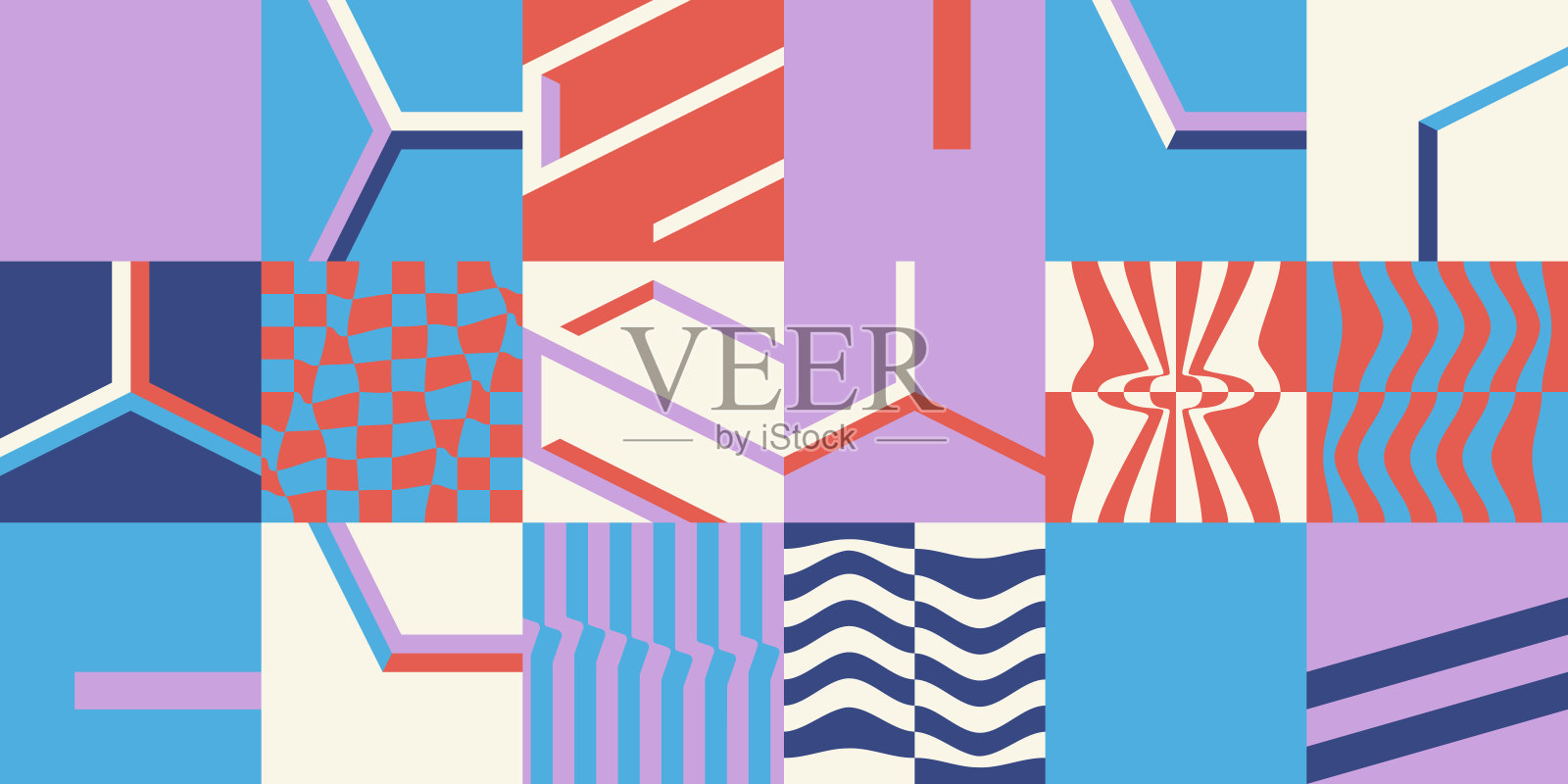 欧普艺术抽象几何矢量图案与3D形状插画图片素材