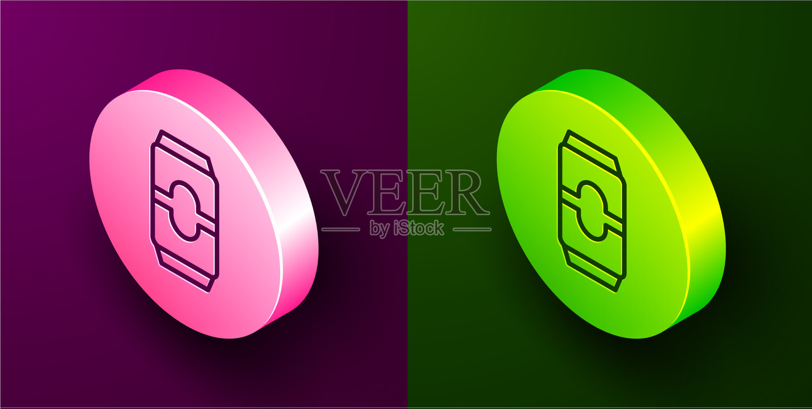 等距线啤酒罐图标孤立在紫色图标素材