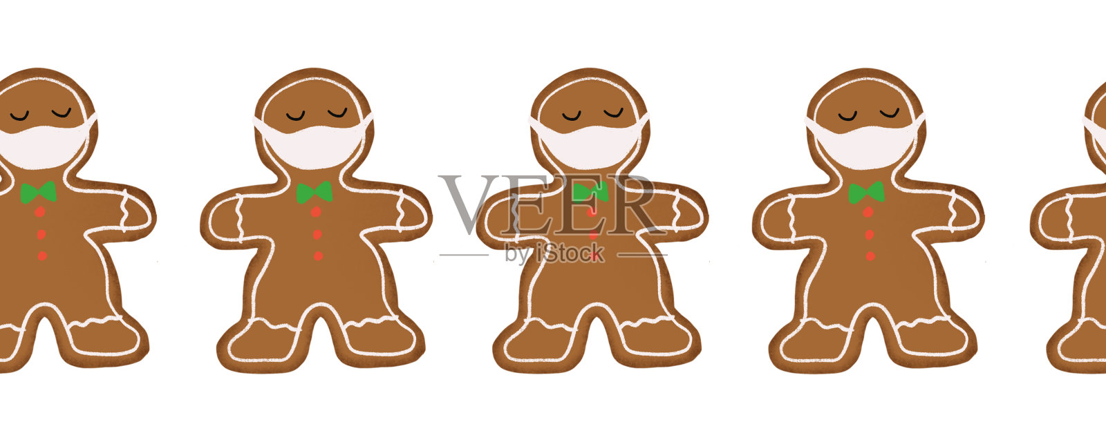 圣诞假期冠状病毒无缝边境。姜饼人戴着面具重复图案。有趣的流行假日2020插图。插画图片素材