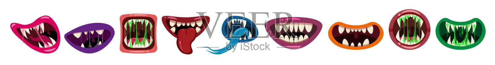 万圣节集怪兽之口恐怖恐怖。滑稽的下巴，牙齿，舌头，生物表情，怪物，恐怖，唾液，粘液。矢量孤立插图卡通风格设计元素图片