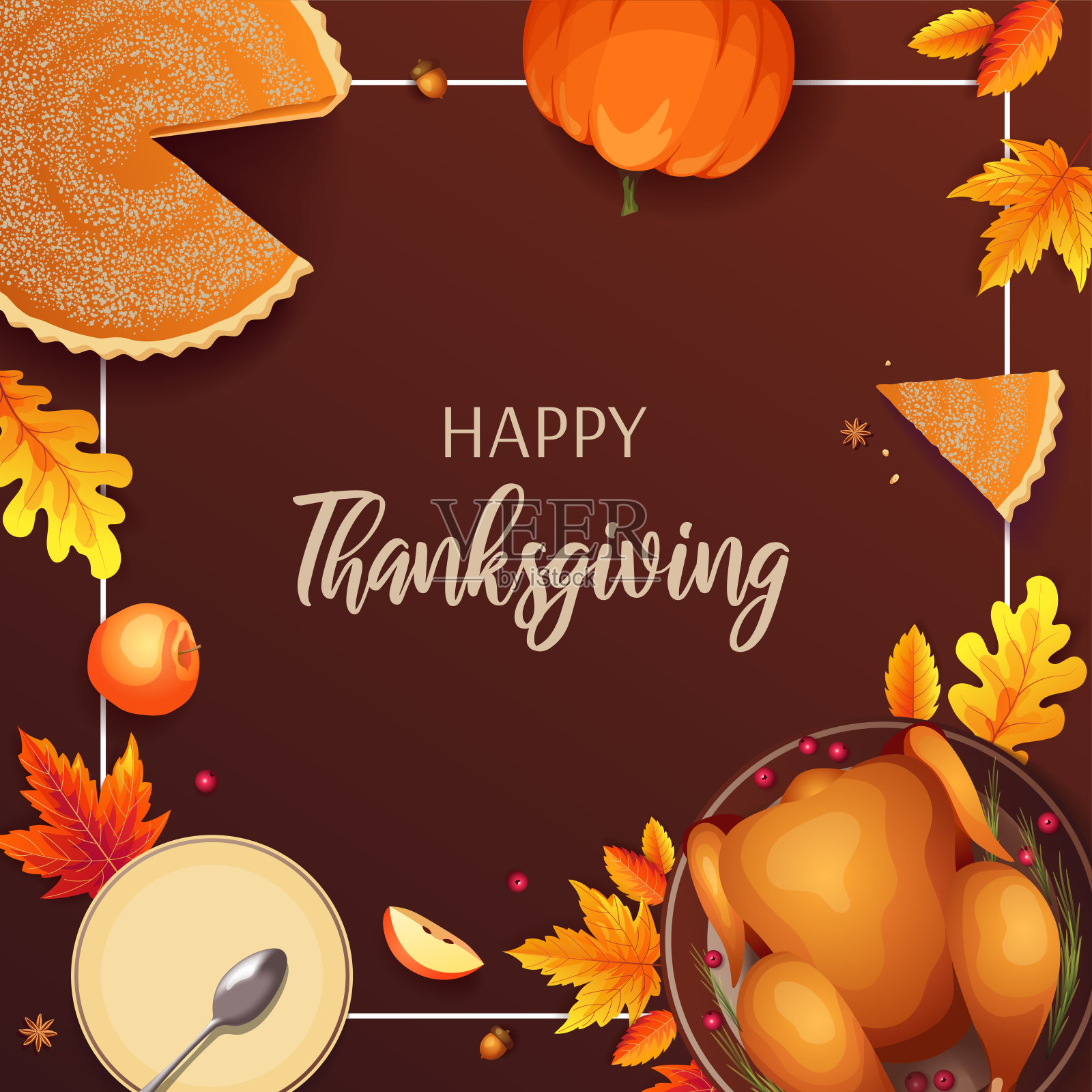 感恩节快乐卡片，有烤火鸡，秋叶，南瓜派，苹果和盘子。设计模板素材